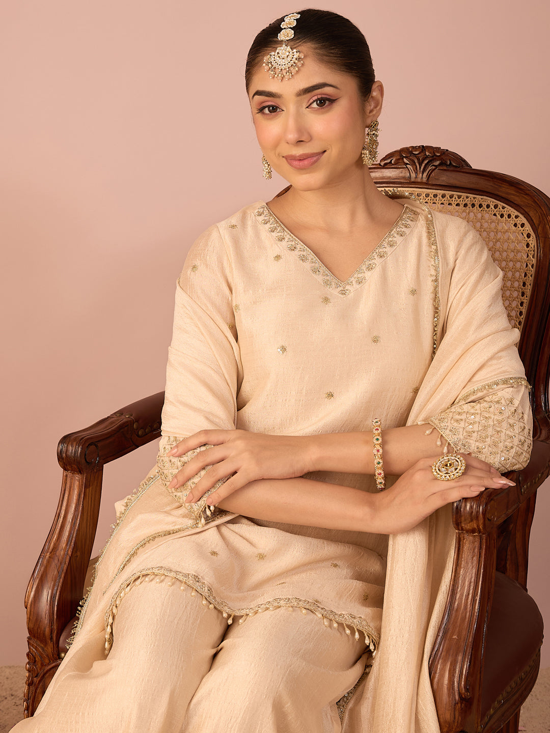 Janasya Women's Beige Silk Blend Beads Zari Embroidered Straight Kurta with Palazzo And Dupatta Set