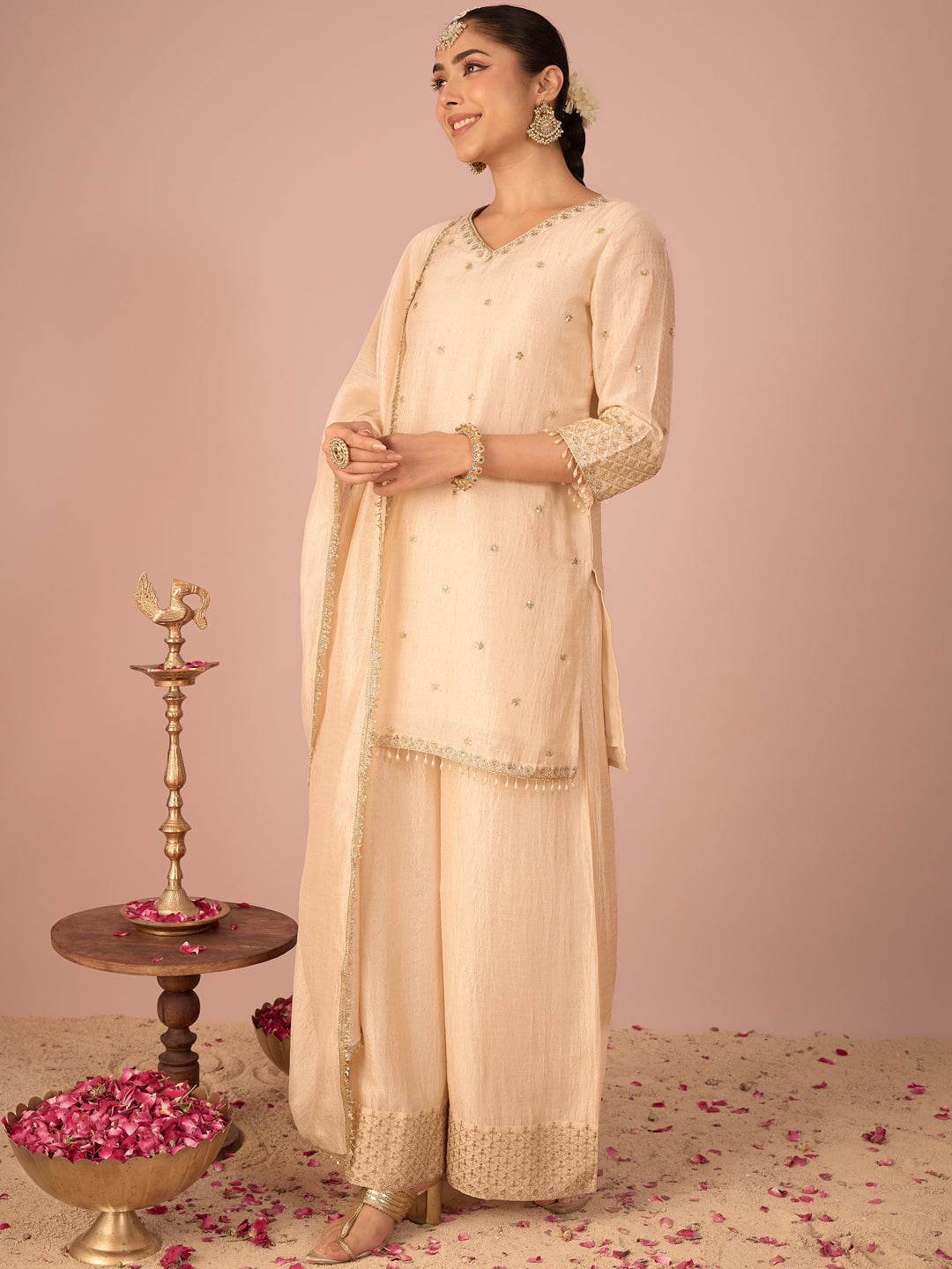 Janasya Women's Beige Silk Blend Beads Zari Embroidered Straight Kurta with Palazzo And Dupatta Set