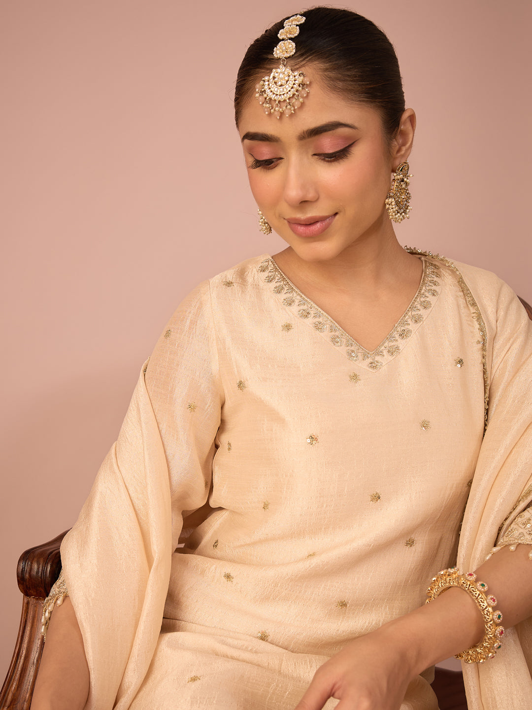 Janasya Women's Beige Silk Blend Beads Zari Embroidered Straight Kurta with Palazzo And Dupatta Set