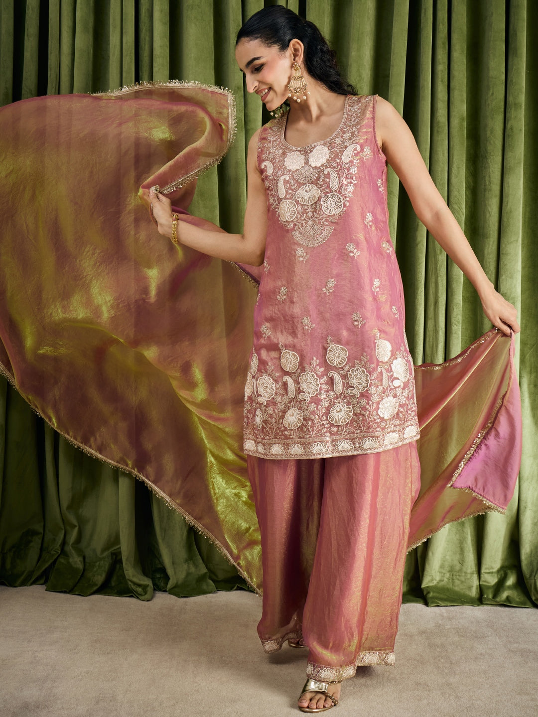 Janasya Women's Metallic Pink Silk Blend Floral Embroidered Straight Kurta with Sharara and Dupatta Set