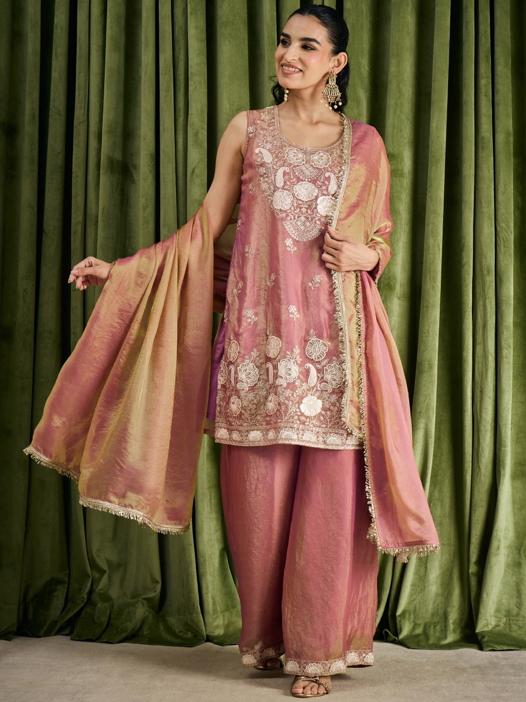 Janasya Women's Metallic Pink Silk Blend Floral Embroidered Straight Kurta with Sharara and Dupatta Set