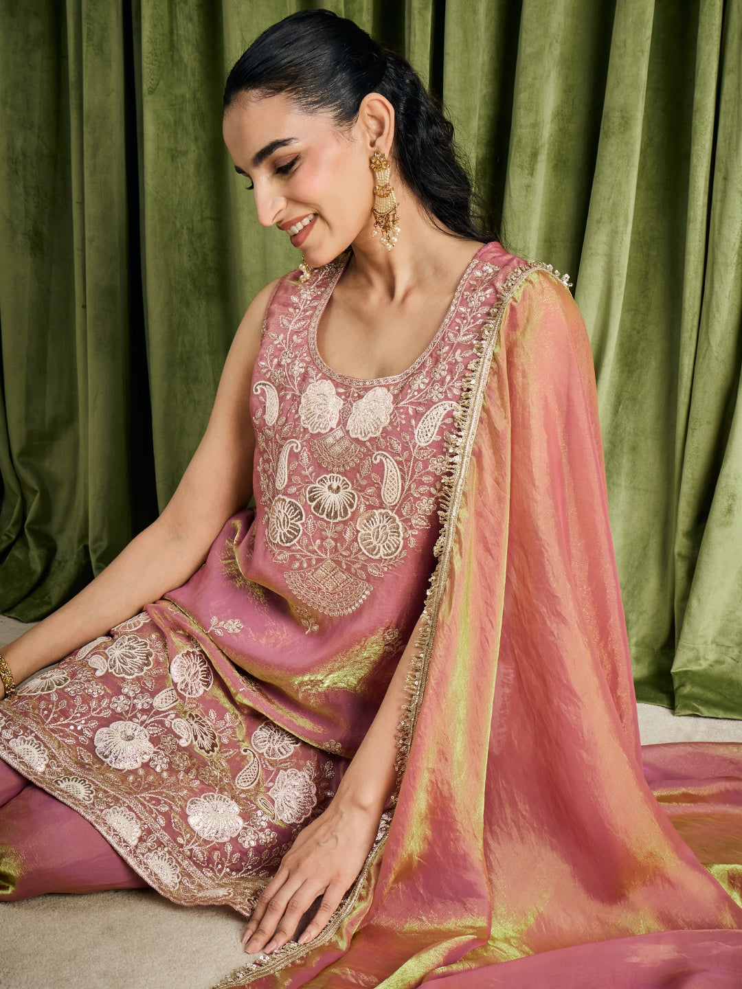 Janasya Women's Metallic Pink Silk Blend Floral Embroidered Straight Kurta with Sharara and Dupatta Set
