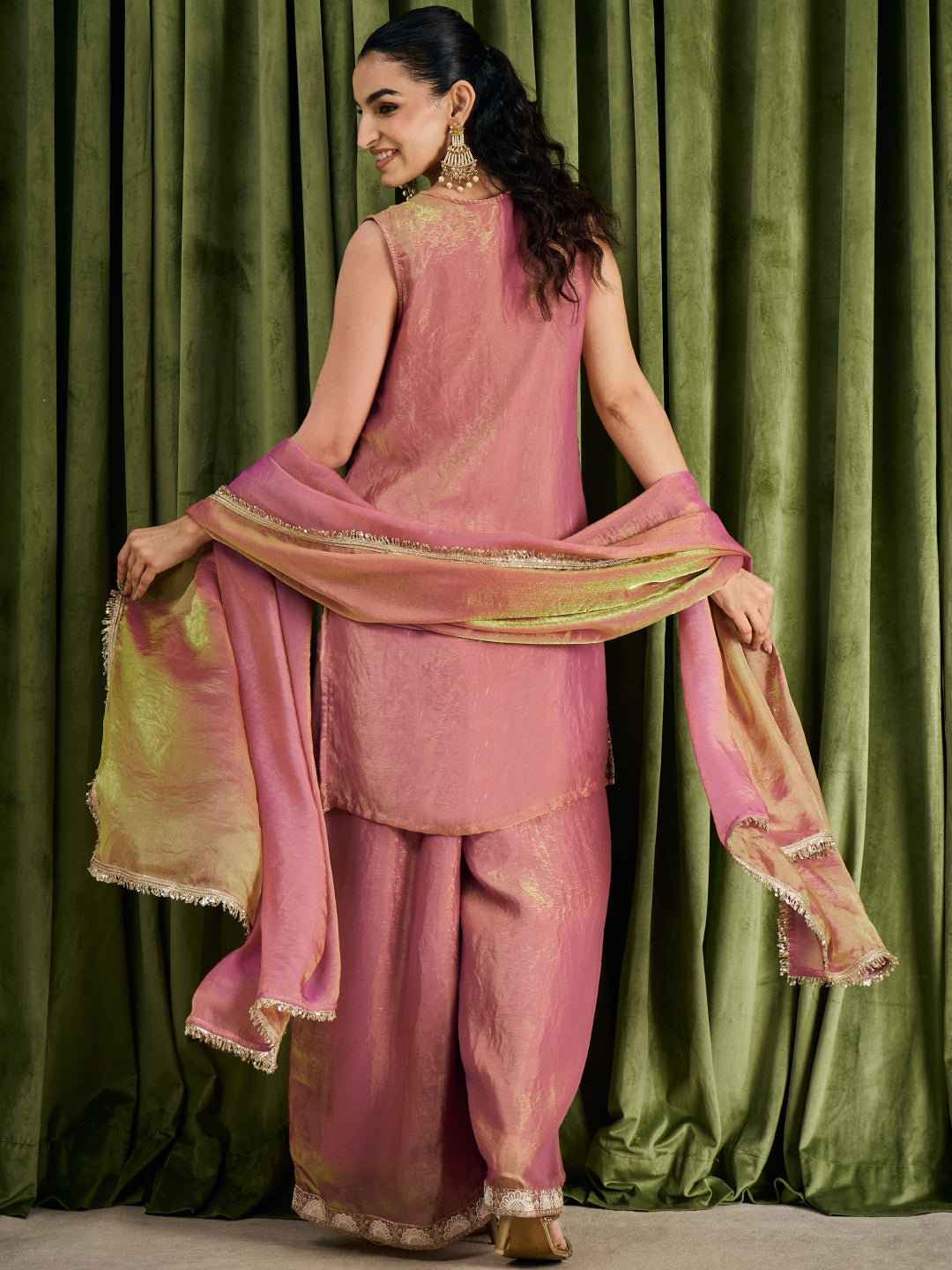 Janasya Women's Metallic Pink Silk Blend Floral Embroidered Straight Kurta with Sharara and Dupatta Set