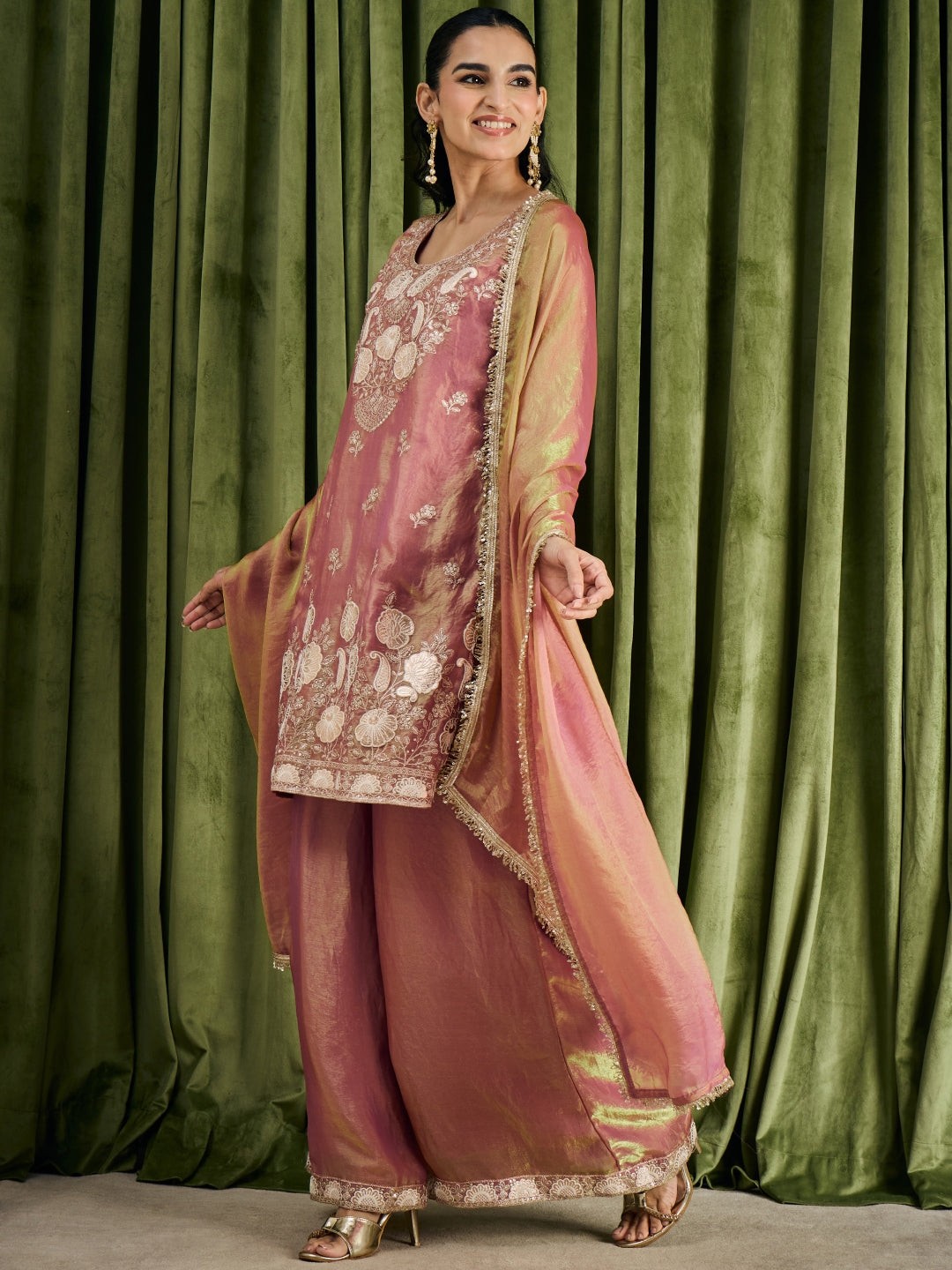 Janasya Women's Metallic Pink Silk Blend Floral Embroidered Straight Kurta with Sharara and Dupatta Set