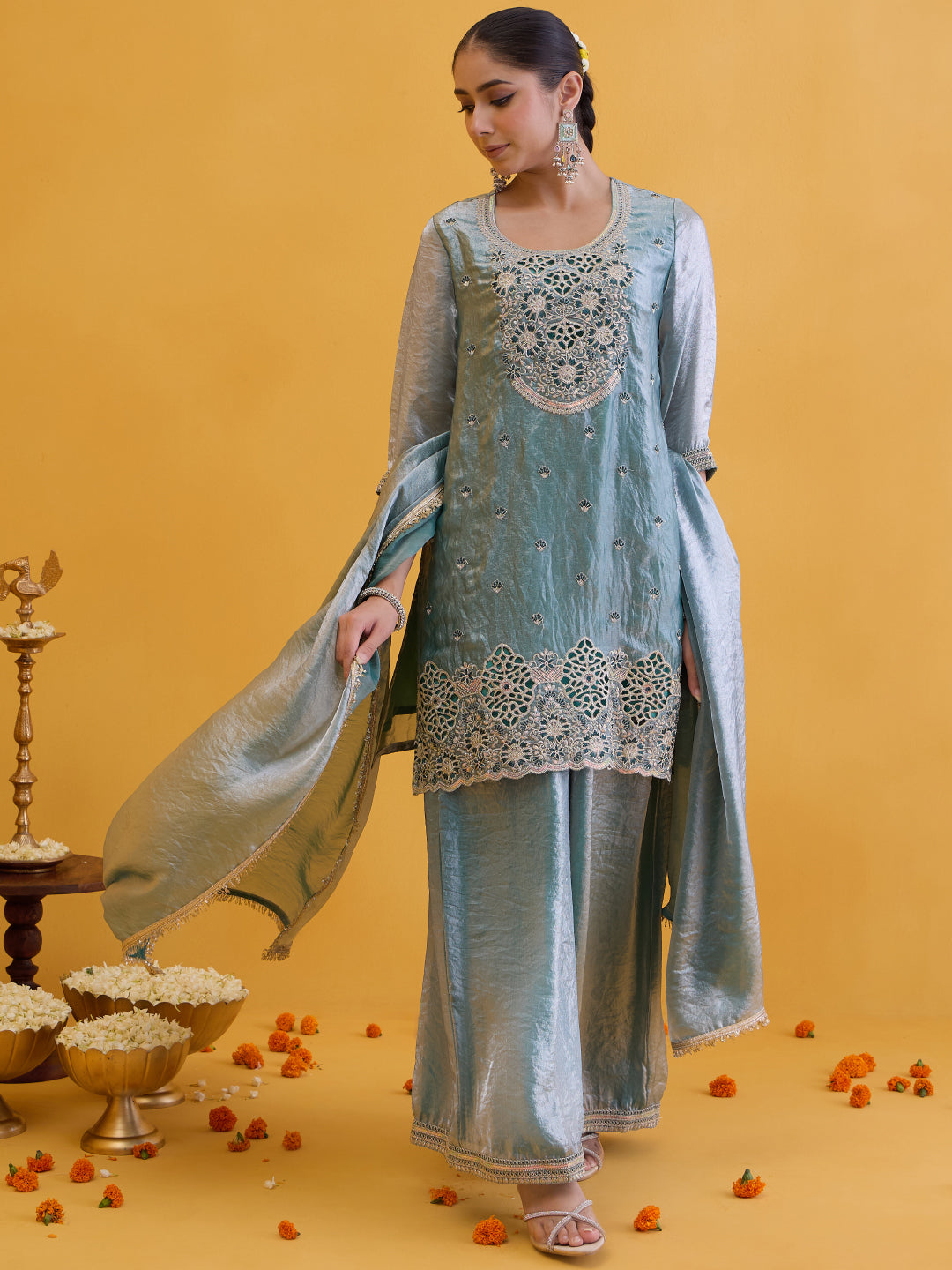 Janasya Women's Sea Green Silk Blend Floral Embroidered Straight Kurta with Sharara and Dupatta Set