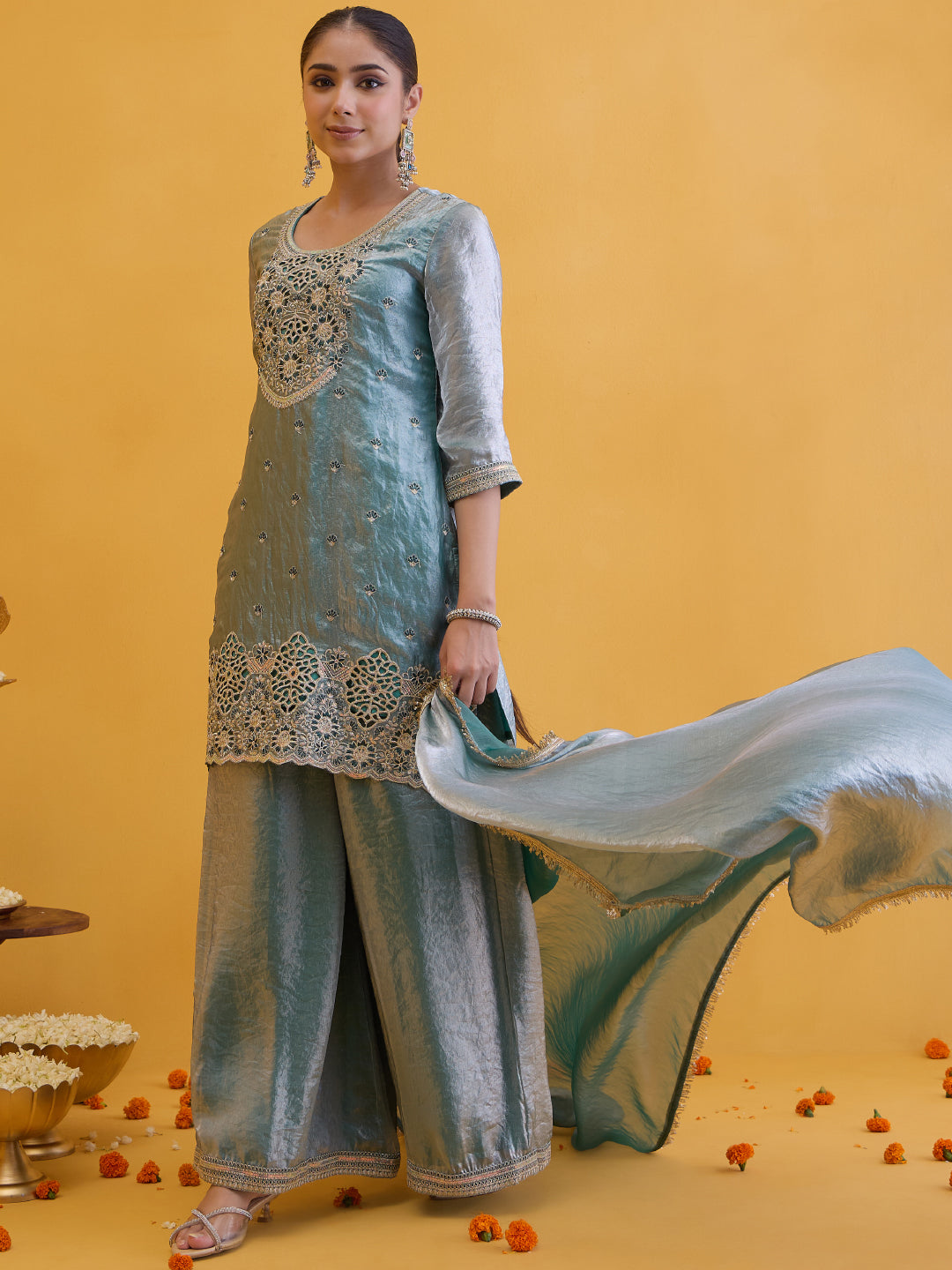 Janasya Women's Sea Green Silk Blend Floral Embroidered Straight Kurta with Sharara and Dupatta Set