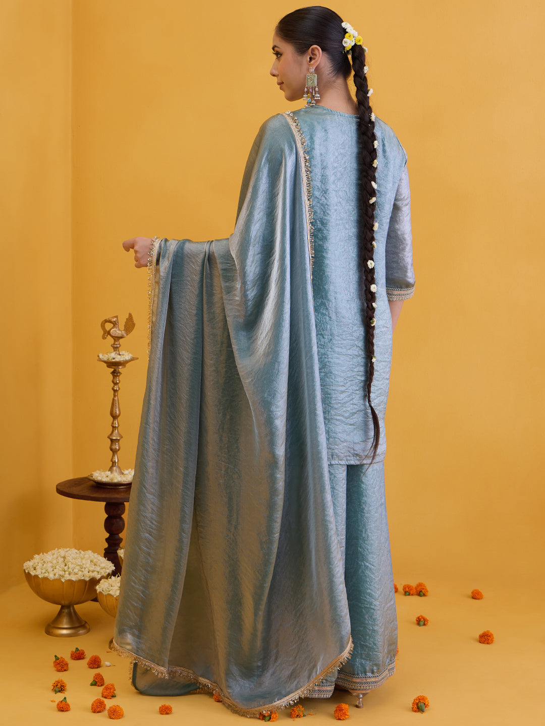 Janasya Women's Sea Green Silk Blend Floral Embroidered Straight Kurta with Sharara and Dupatta Set