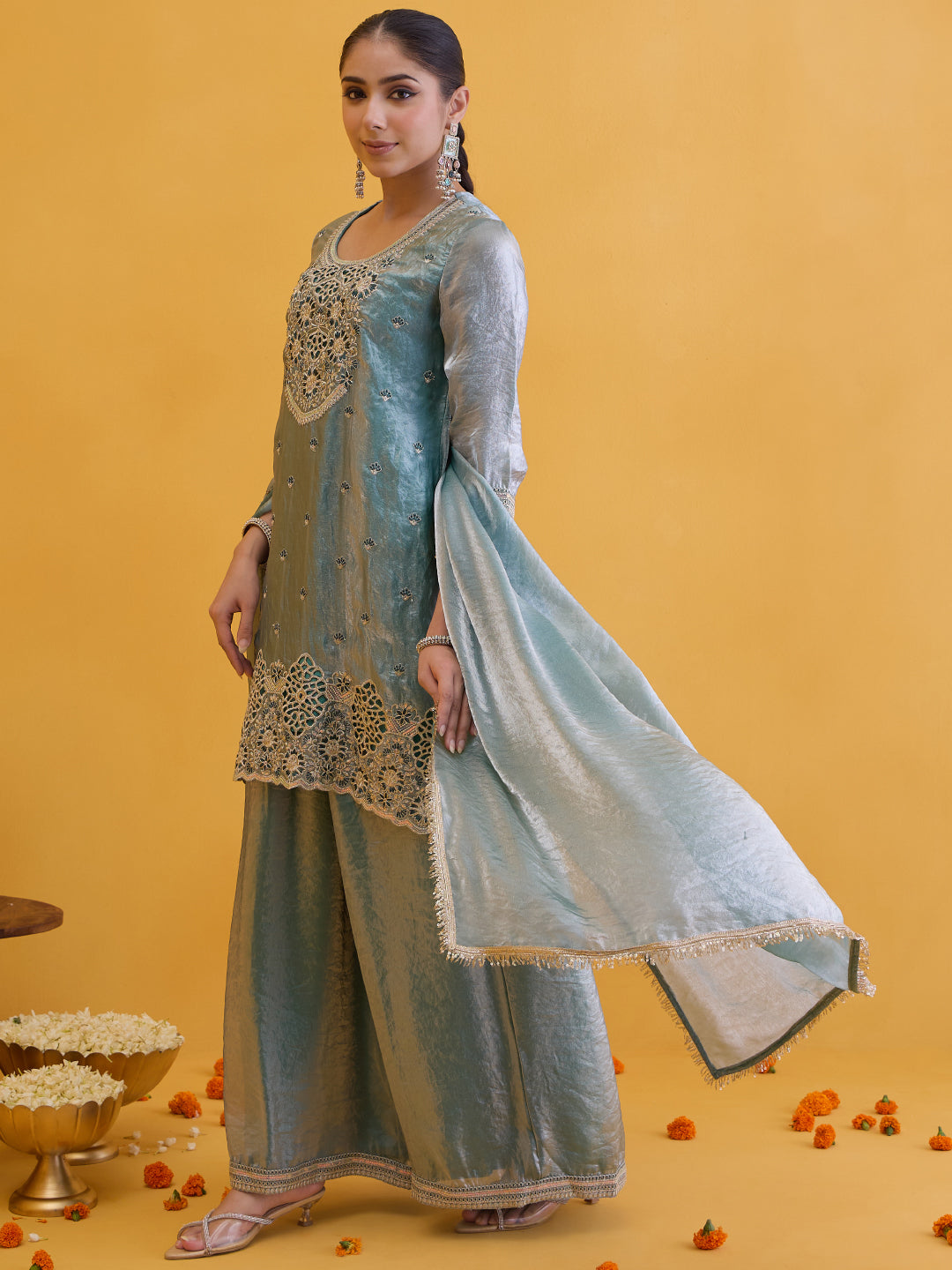 Janasya Women's Sea Green Silk Blend Floral Embroidered Straight Kurta with Sharara and Dupatta Set