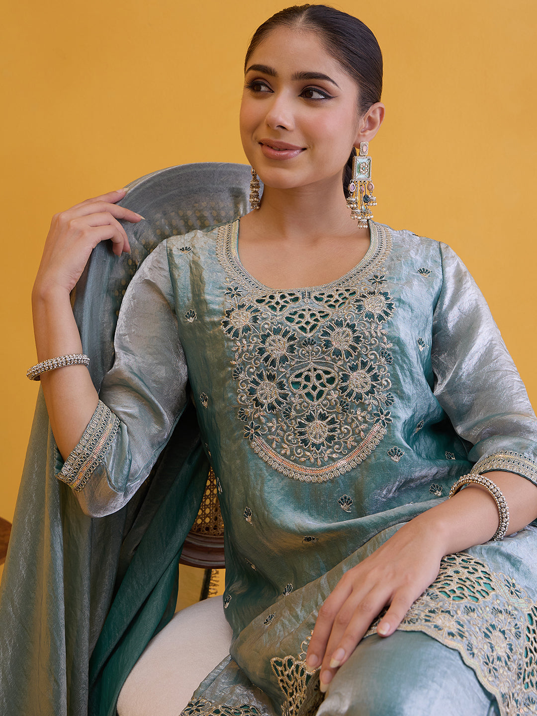 Janasya Women's Sea Green Silk Blend Floral Embroidered Straight Kurta with Sharara and Dupatta Set