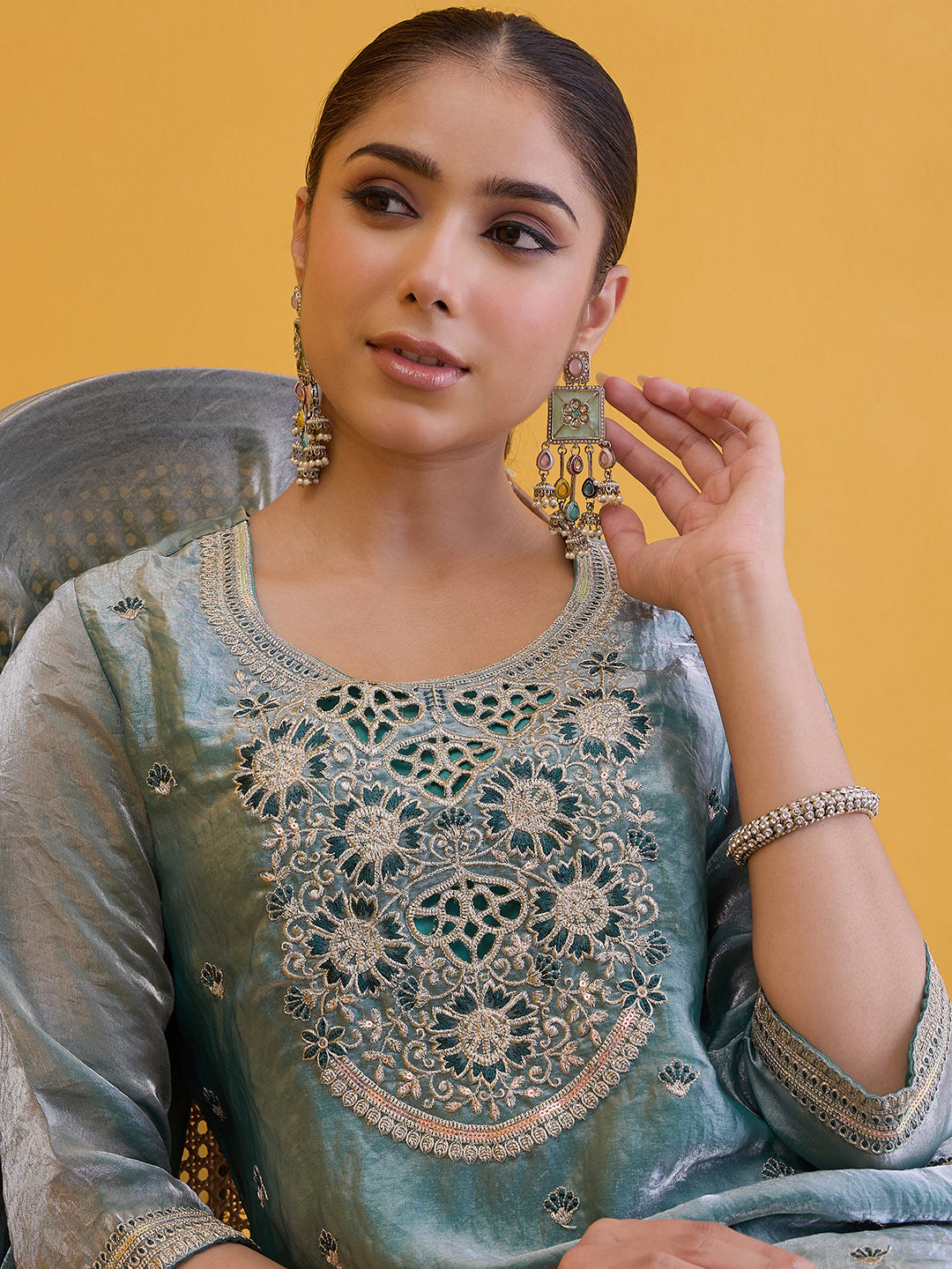 Janasya Women's Sea Green Silk Blend Floral Embroidered Straight Kurta with Sharara and Dupatta Set