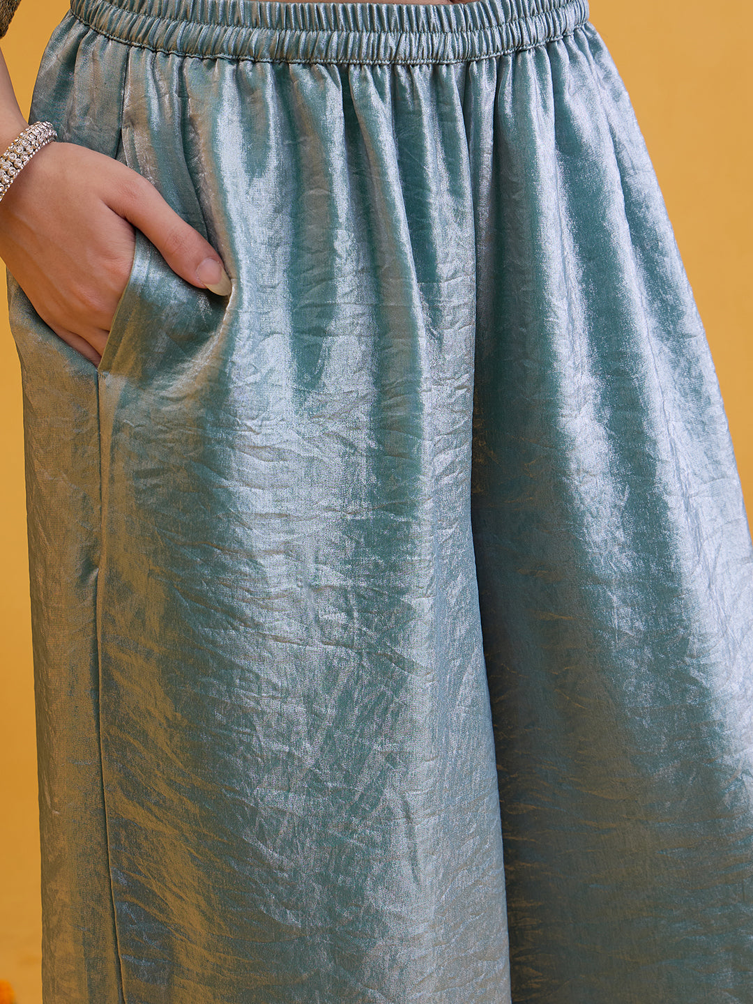 Janasya Women's Sea Green Silk Blend Floral Embroidered Straight Kurta with Sharara and Dupatta Set