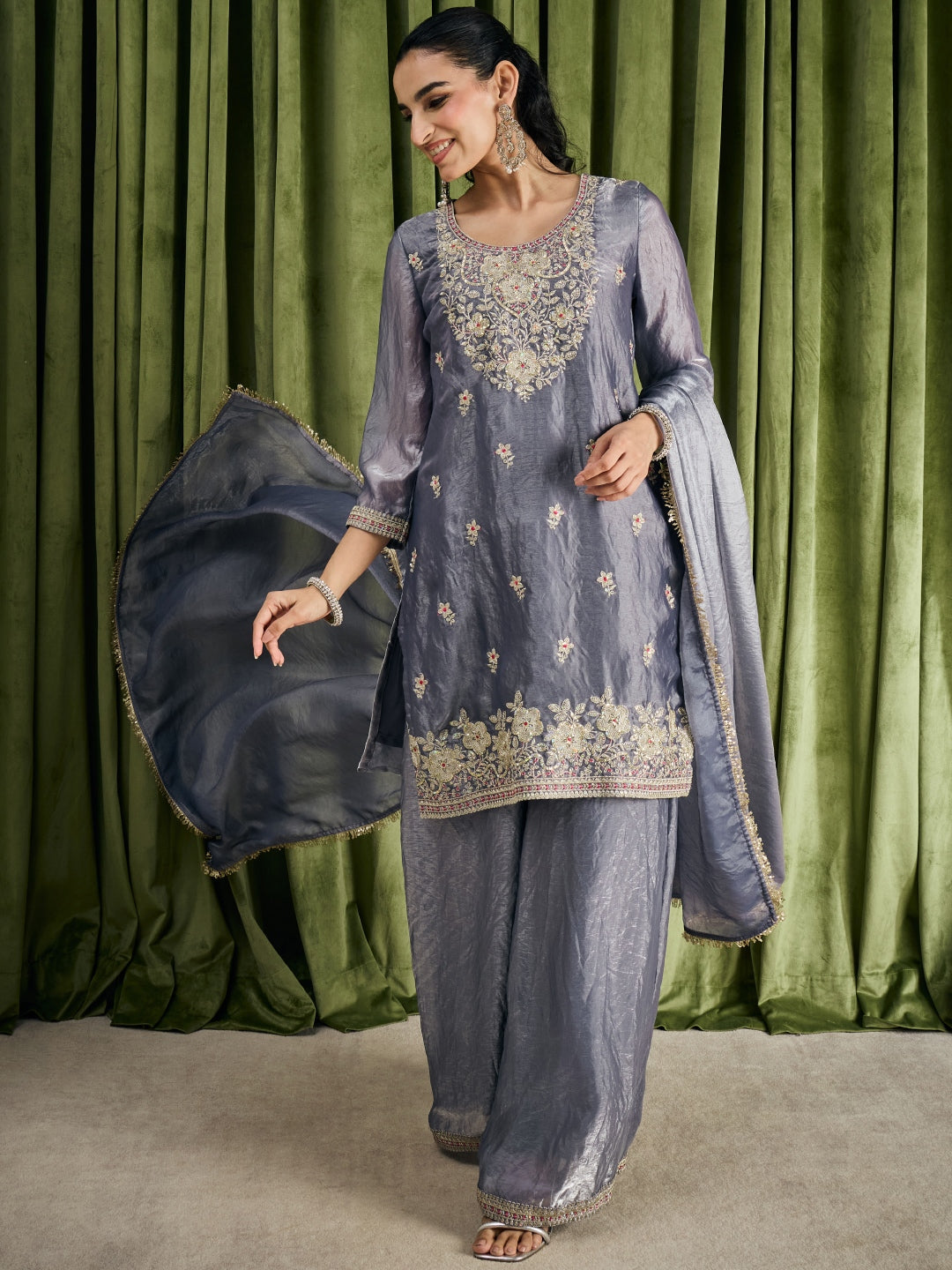 Janasya Women's Grey Silk Blend Floral Embroidered Straight Kurta with Sharara and Dupatta Set