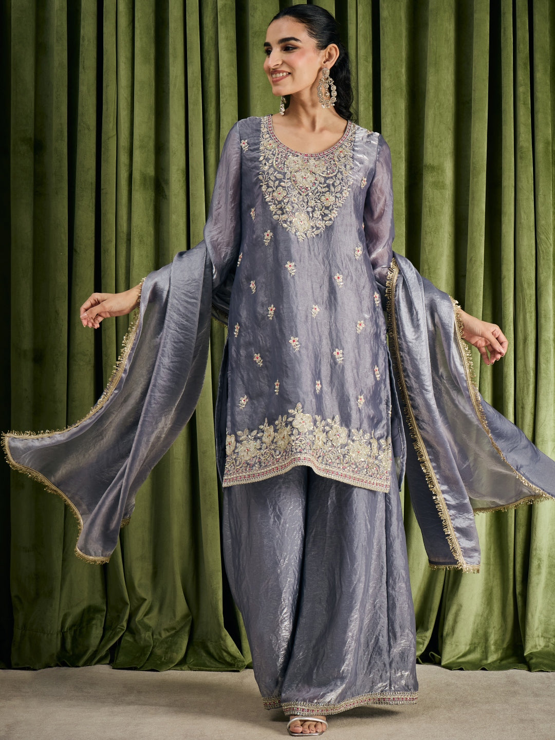 Janasya Women's Grey Silk Blend Floral Embroidered Straight Kurta with Sharara and Dupatta Set
