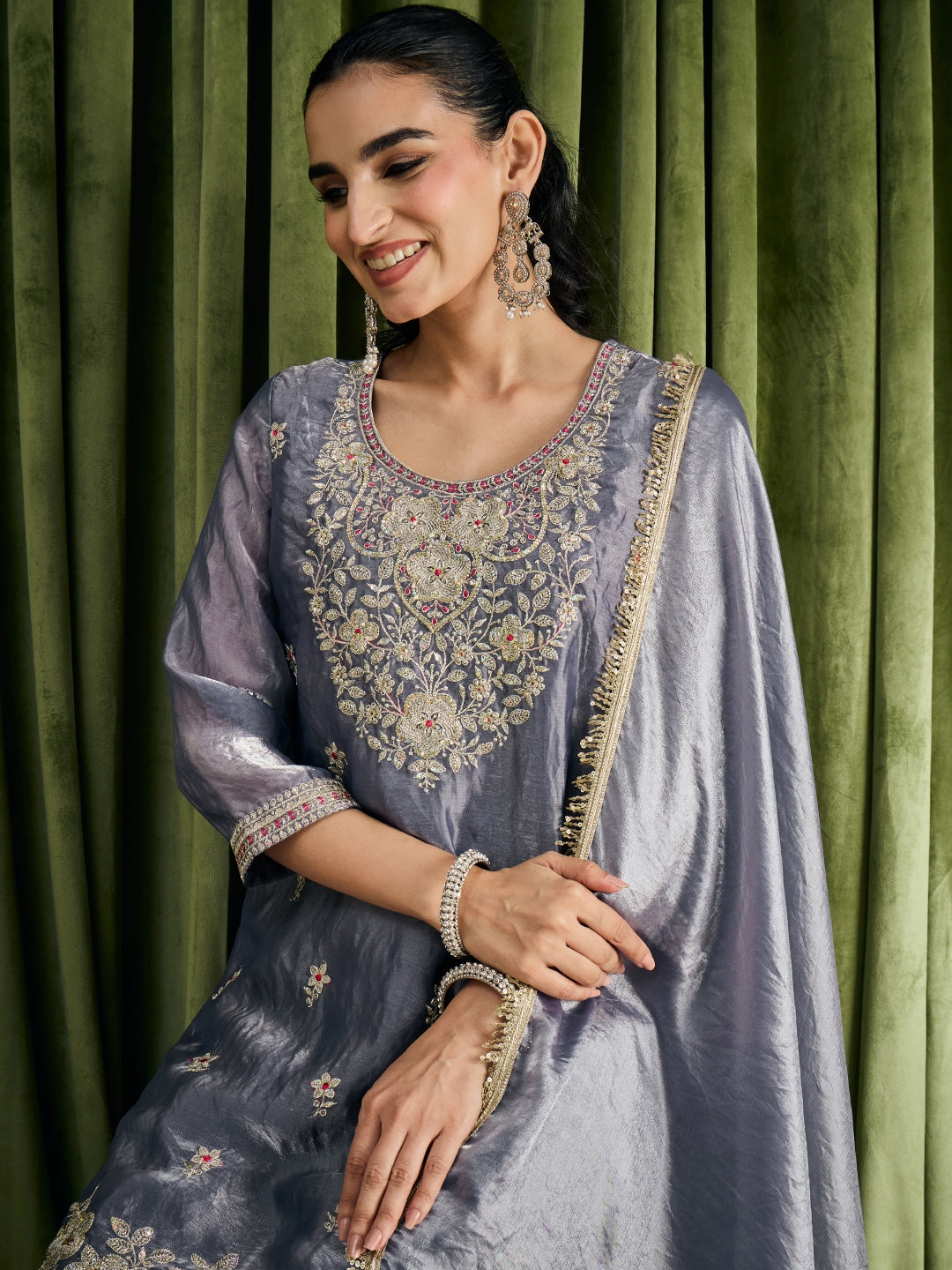 Janasya Women's Grey Silk Blend Floral Embroidered Straight Kurta with Sharara and Dupatta Set