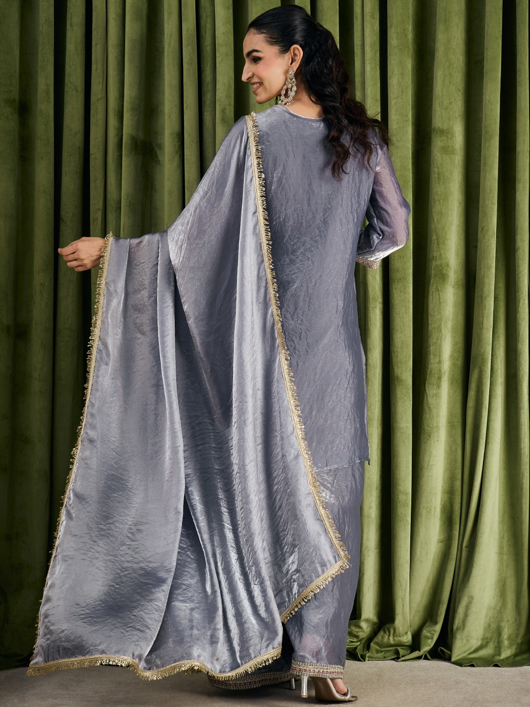 Janasya Women's Grey Silk Blend Floral Embroidered Straight Kurta with Sharara and Dupatta Set