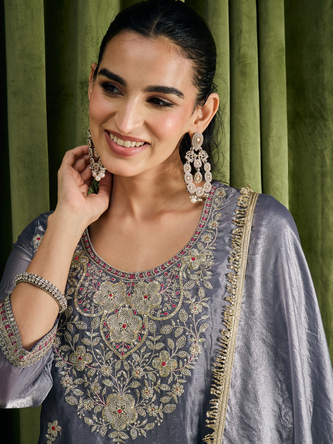 Janasya Women's Grey Silk Blend Floral Embroidered Straight Kurta with Sharara and Dupatta Set