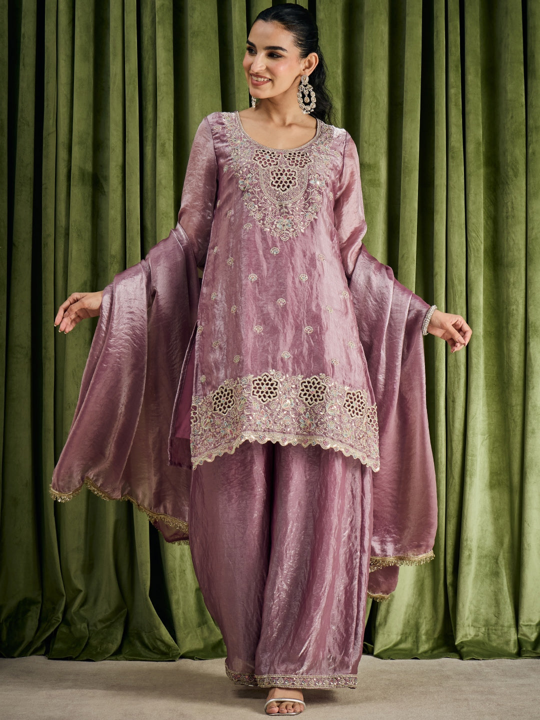 Janasya Women's Lavender Silk Blend Floral Sequins Zari Embroidered Straight Kurta with Palazzo and Dupatta Set