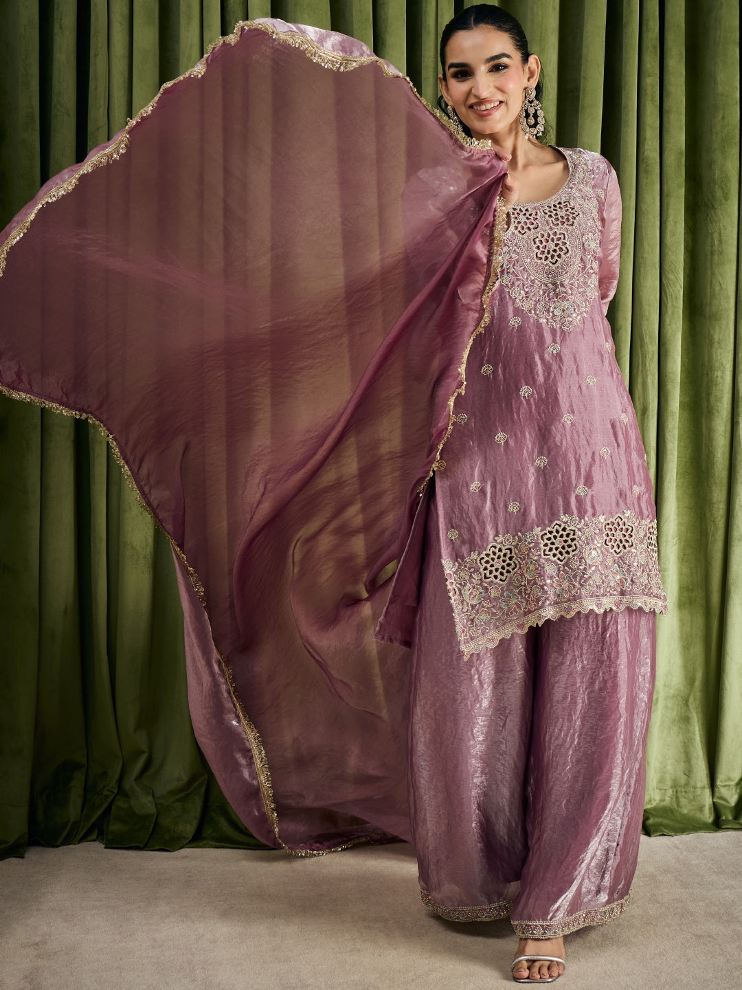 Janasya Women's Lavender Silk Blend Floral Sequins Zari Embroidered Straight Kurta with Palazzo and Dupatta Set
