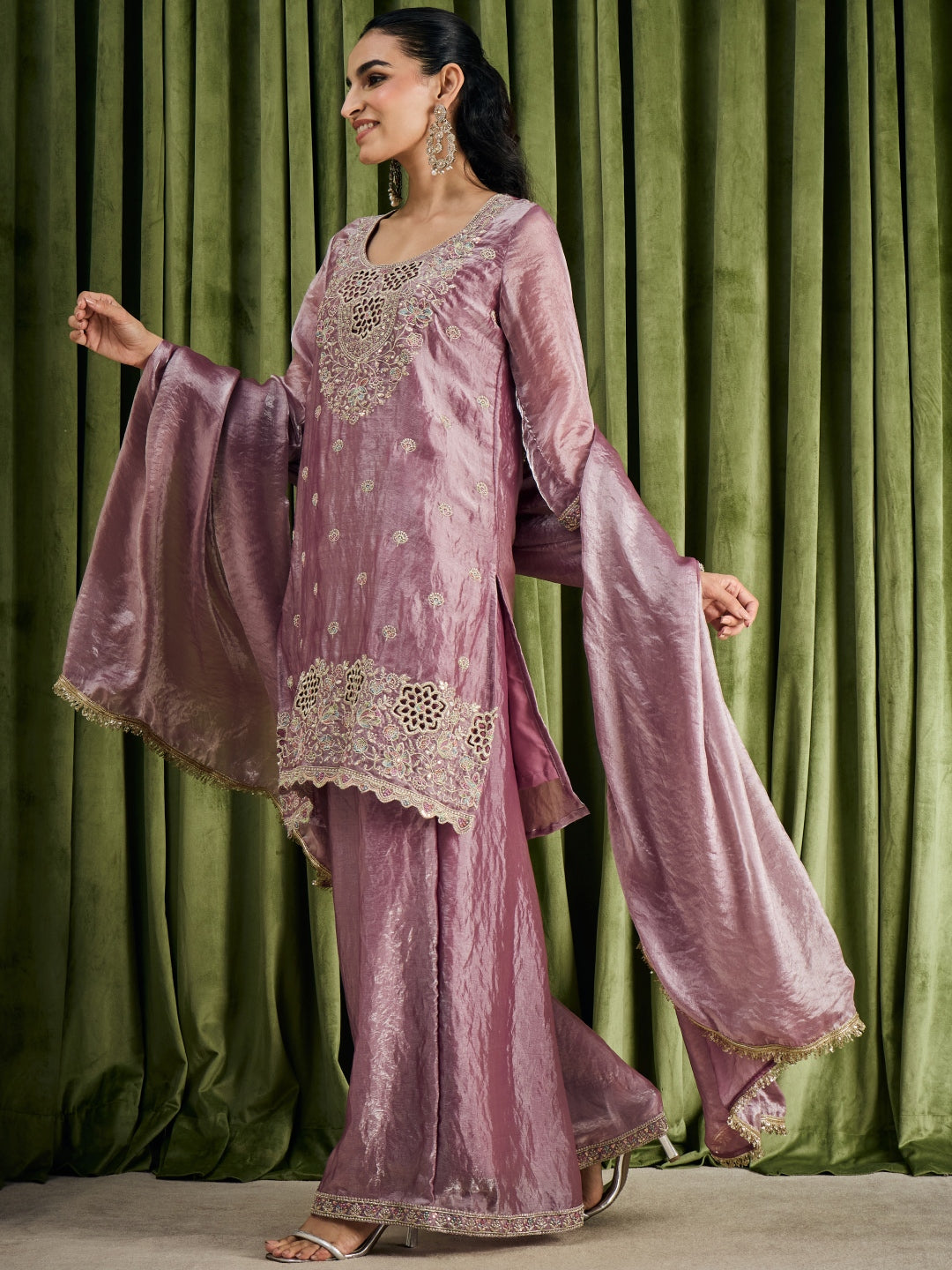 Janasya Women's Lavender Silk Blend Floral Sequins Zari Embroidered Straight Kurta with Palazzo and Dupatta Set