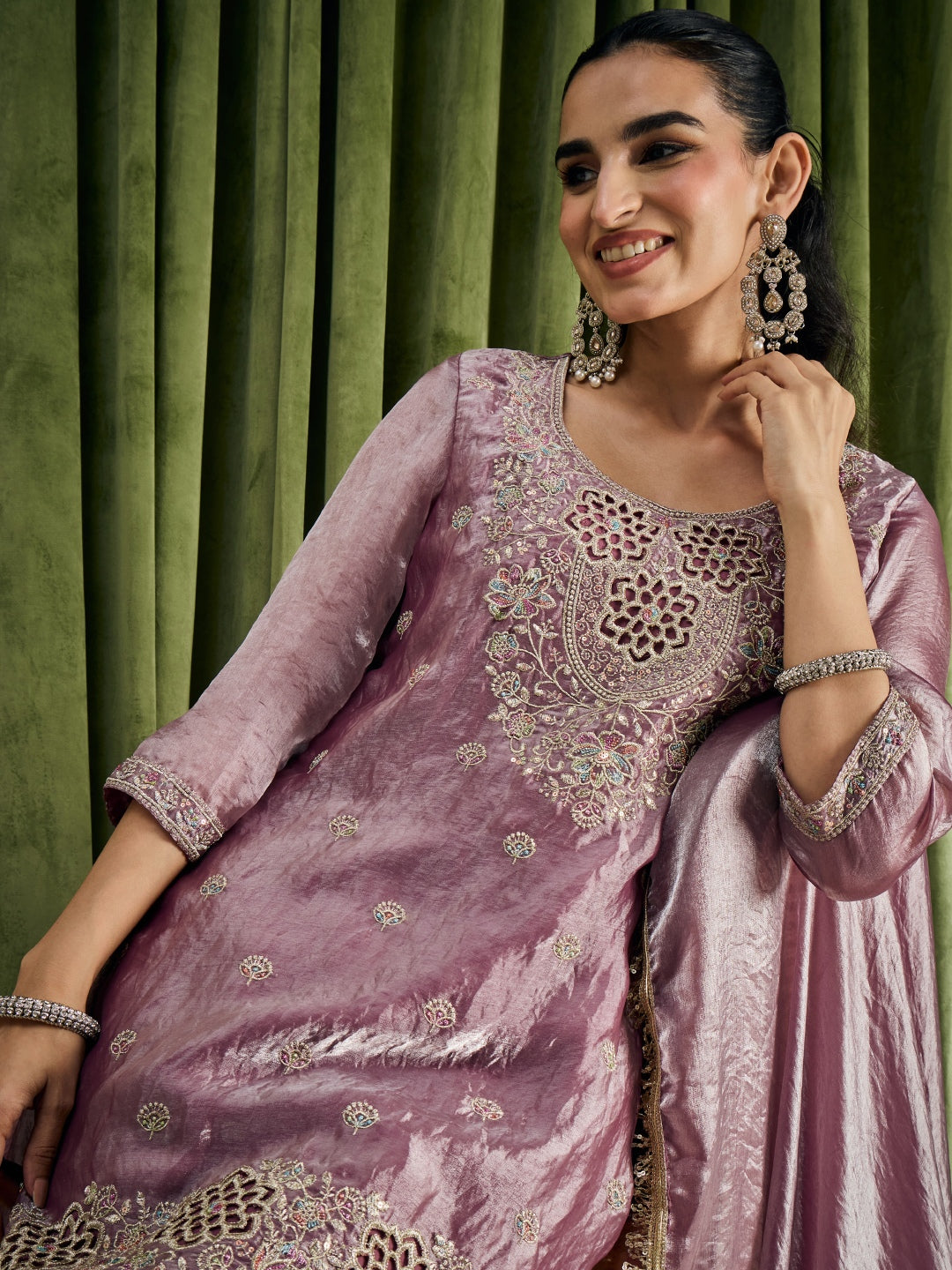 Janasya Women's Lavender Silk Blend Floral Sequins Zari Embroidered Straight Kurta with Palazzo and Dupatta Set