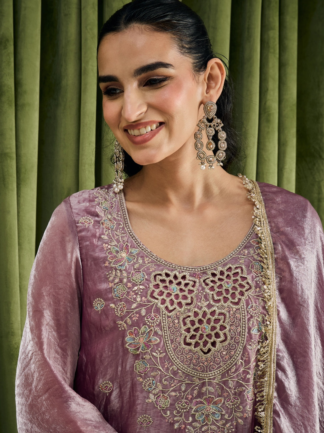 Janasya Women's Lavender Silk Blend Floral Sequins Zari Embroidered Straight Kurta with Palazzo and Dupatta Set