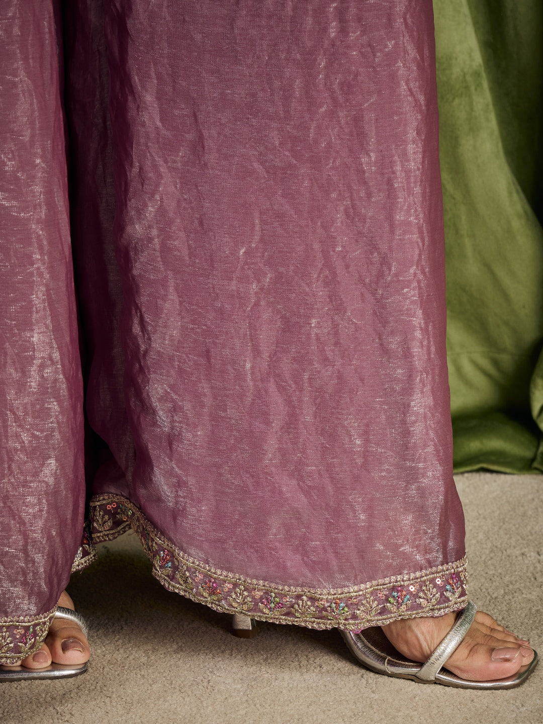 Janasya Women's Lavender Silk Blend Floral Sequins Zari Embroidered Straight Kurta with Palazzo and Dupatta Set