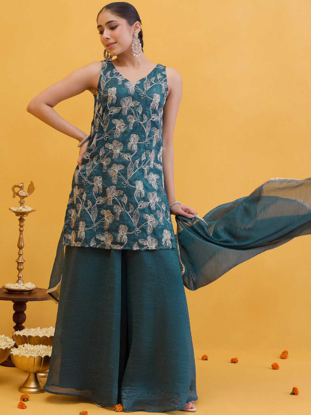 Janasya Women's Teal Blue Tissue Silk Floral Zari Embroidered Straight Kurta with Sharara and Dupatta Set