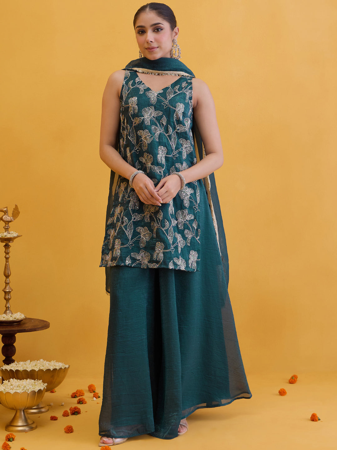 Janasya Women's Teal Blue Tissue Silk Floral Zari Embroidered Straight Kurta with Sharara and Dupatta Set