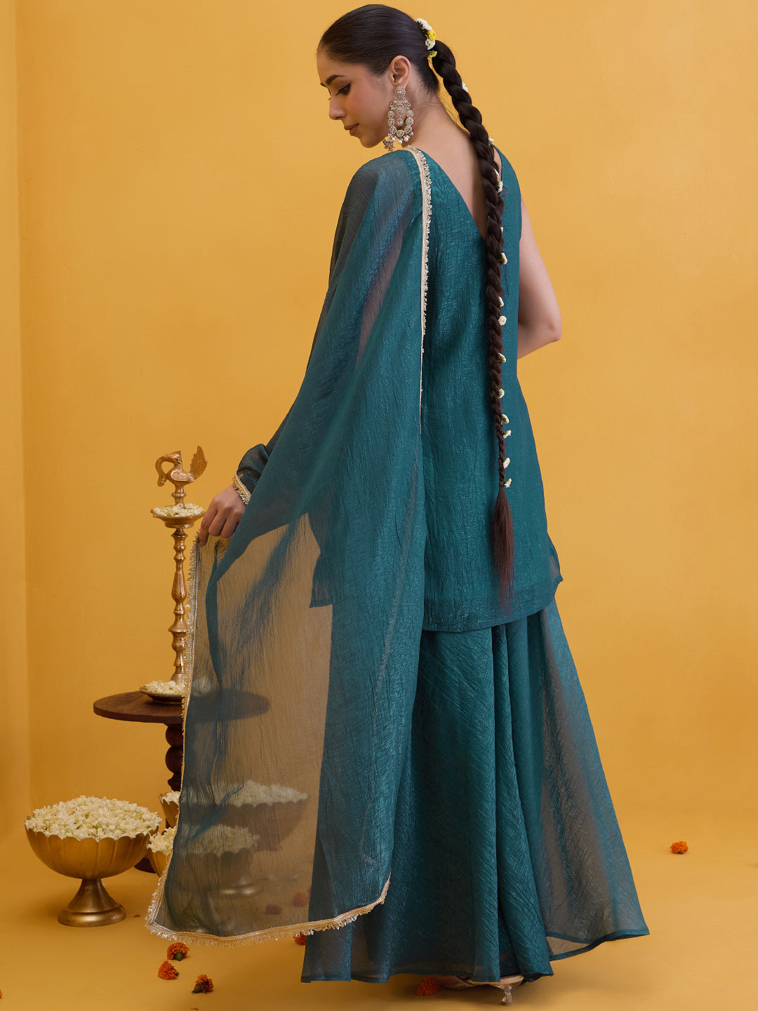 Janasya Women's Teal Blue Tissue Silk Floral Zari Embroidered Straight Kurta with Sharara and Dupatta Set