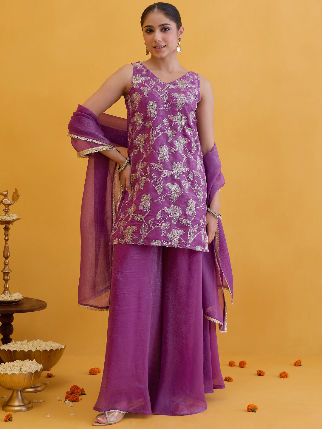 Janasya Women's Lavender Tissue Silk Floral Zari Embroidered Straight Kurta with Sharara and Dupatta Set