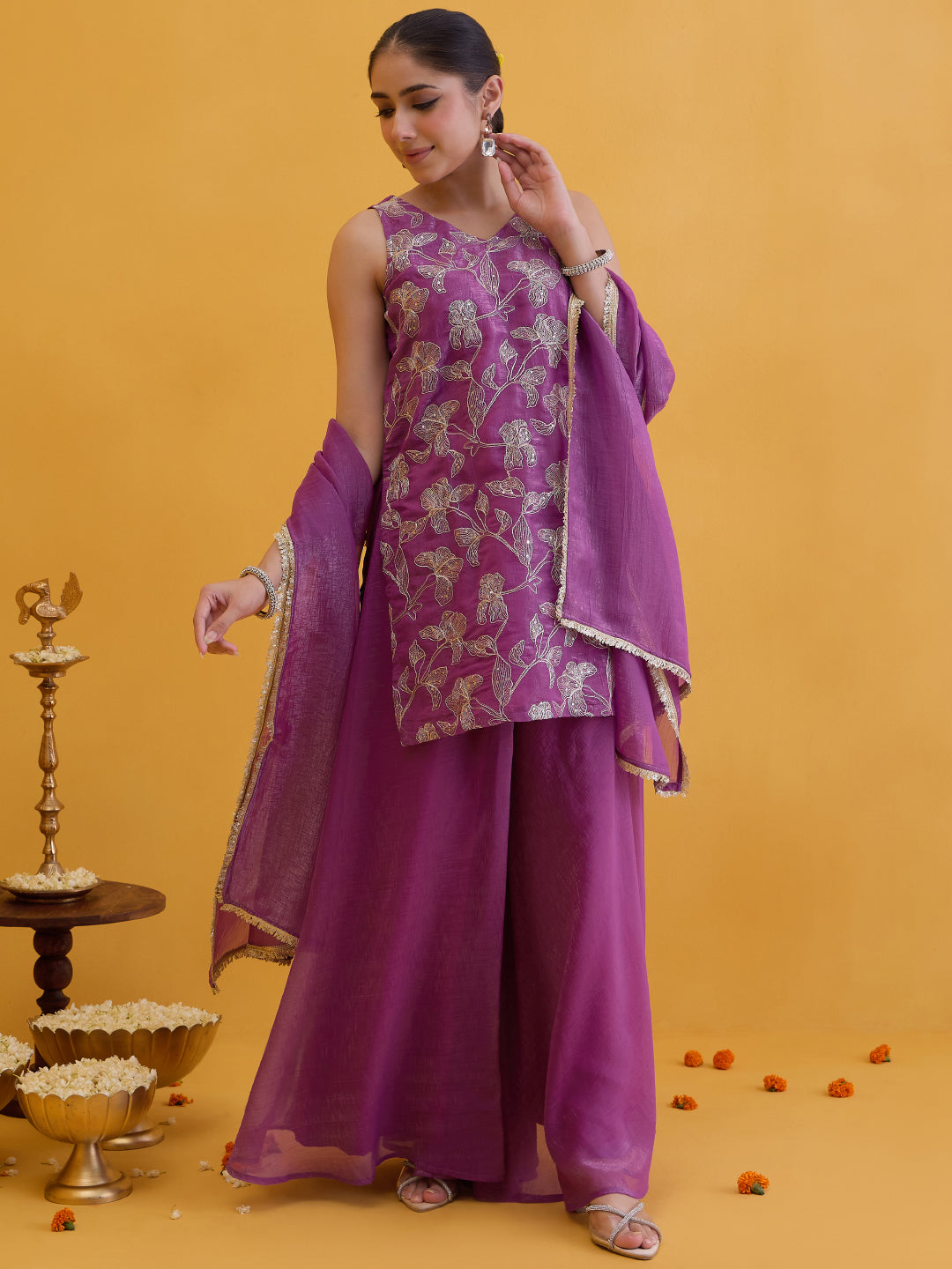 Janasya Women's Lavender Tissue Silk Floral Zari Embroidered Straight Kurta with Sharara and Dupatta Set