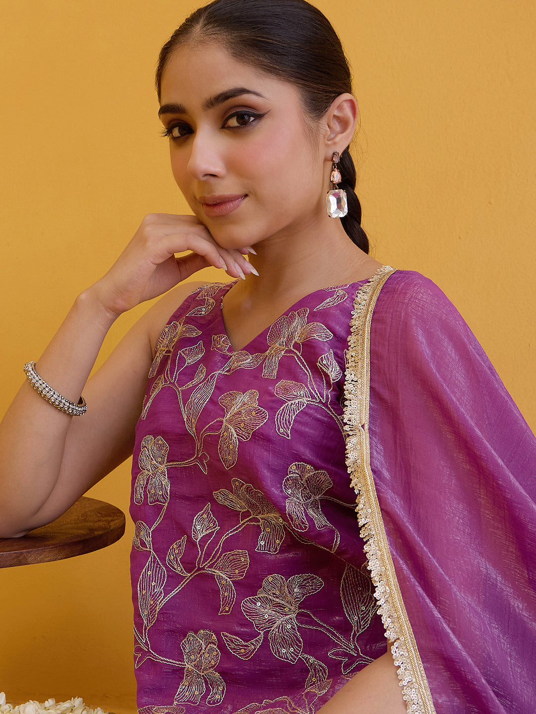 Janasya Women's Lavender Tissue Silk Floral Zari Embroidered Straight Kurta with Sharara and Dupatta Set