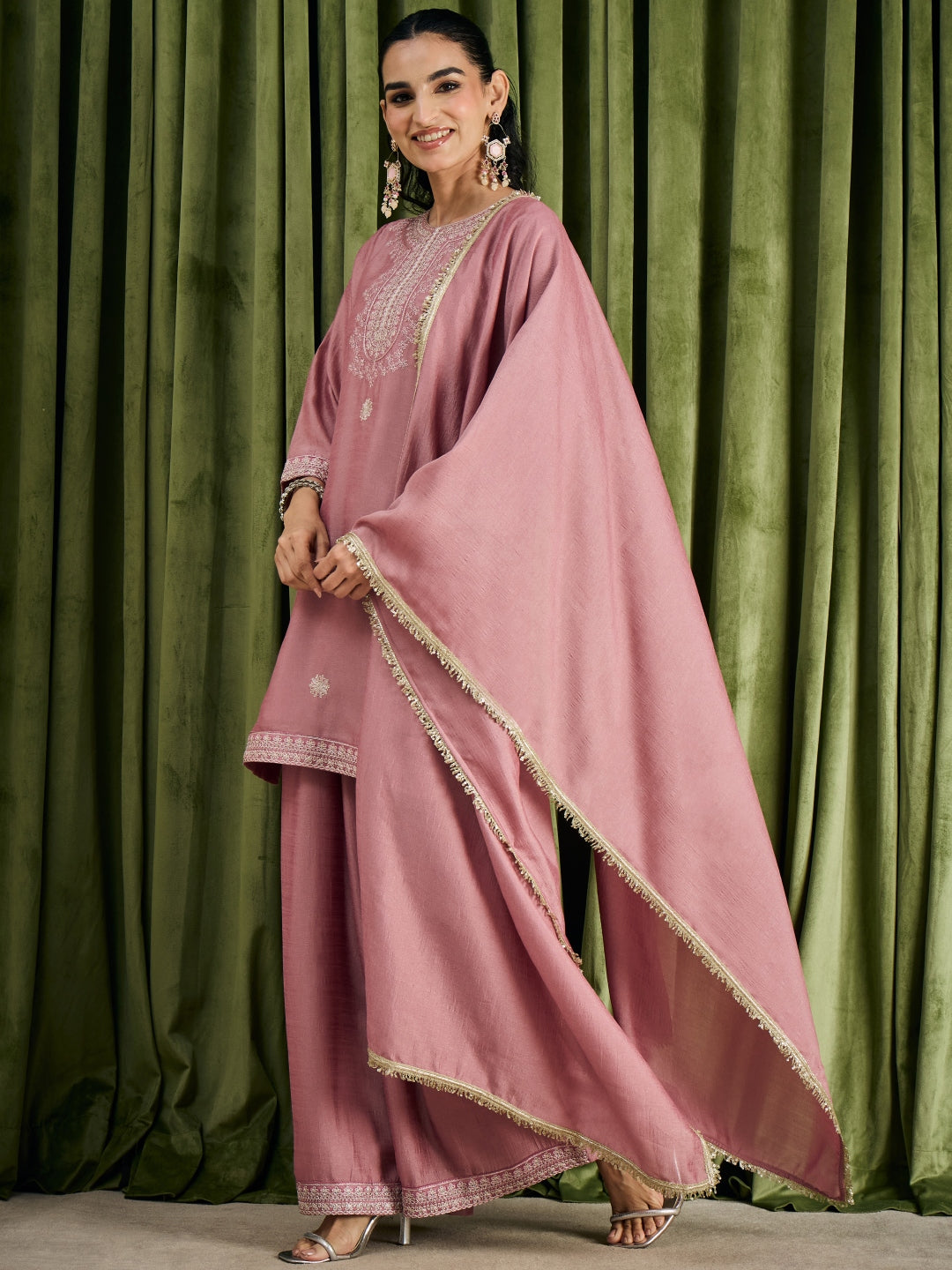 Janasya Women's Dusky Pink Silk Blend Floral Zari Embroidered Straight Kurta with Palazzo and Dupatta Set