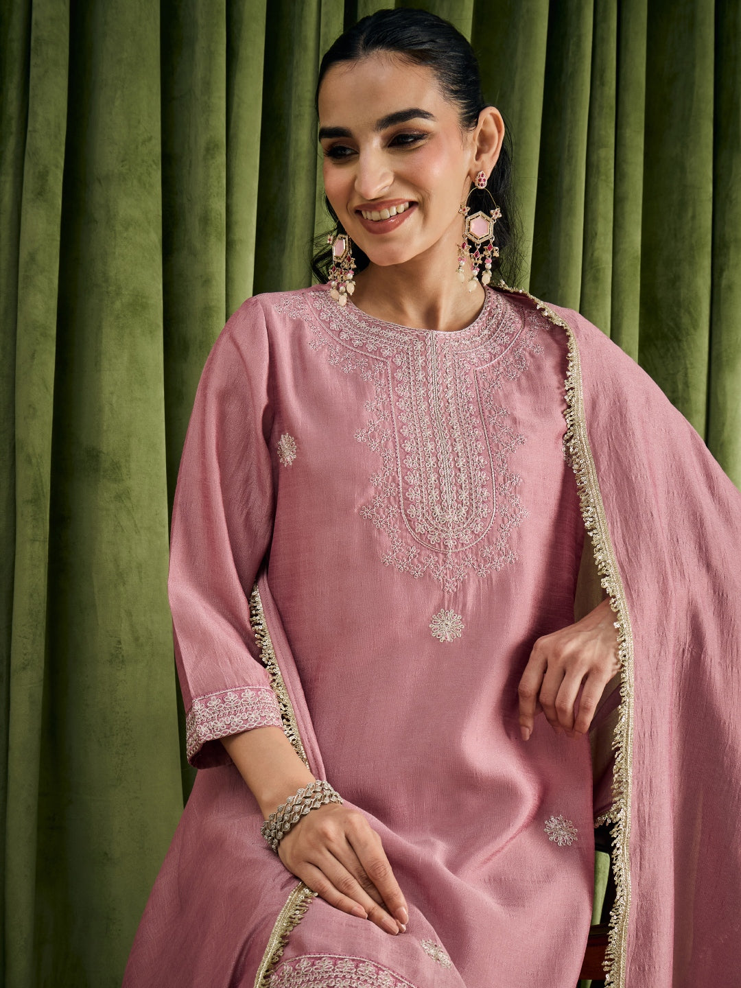 Janasya Women's Dusky Pink Silk Blend Floral Zari Embroidered Straight Kurta with Palazzo and Dupatta Set