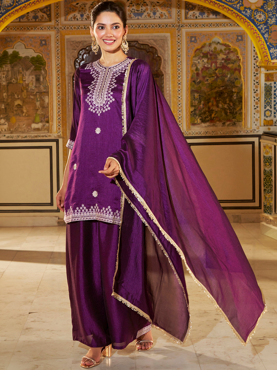 Janasya Women's Purple Silk Blend Floral Embroidered Straight Kurta with Sharara and Dupatta Set