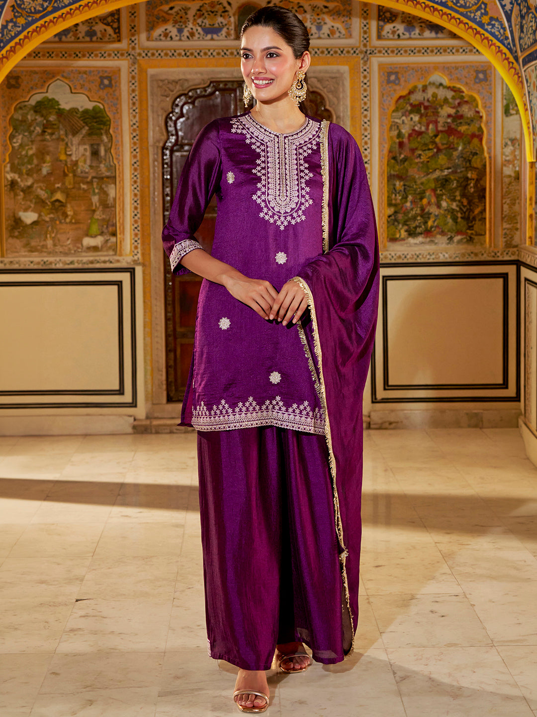 Janasya Women's Purple Silk Blend Floral Embroidered Straight Kurta with Sharara and Dupatta Set
