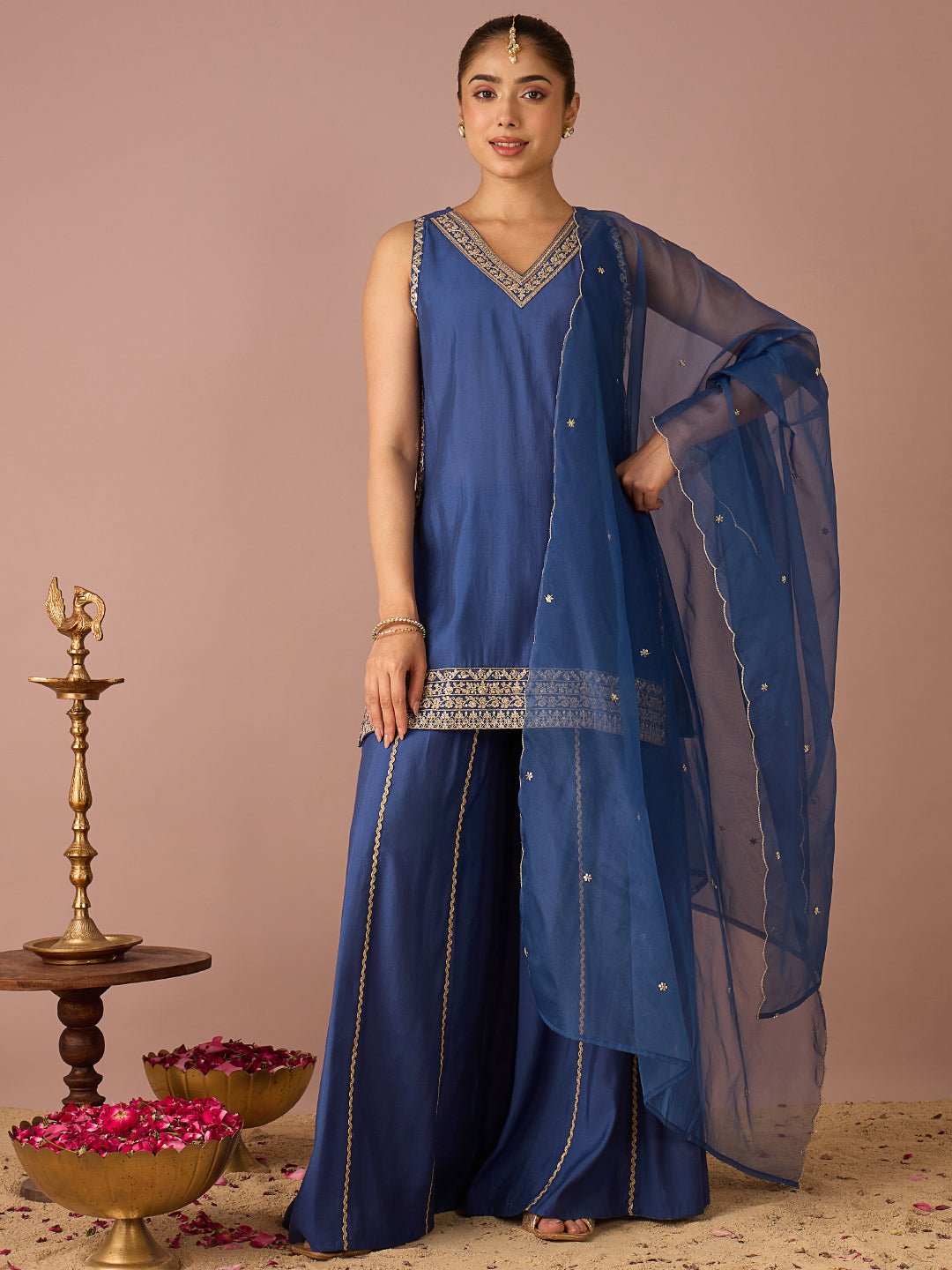 Janasya Women's Navy Blue Chanderi Silk Floral Sequins And Zari Embroidered Straight Kurta with Sharara And Dupatta Set