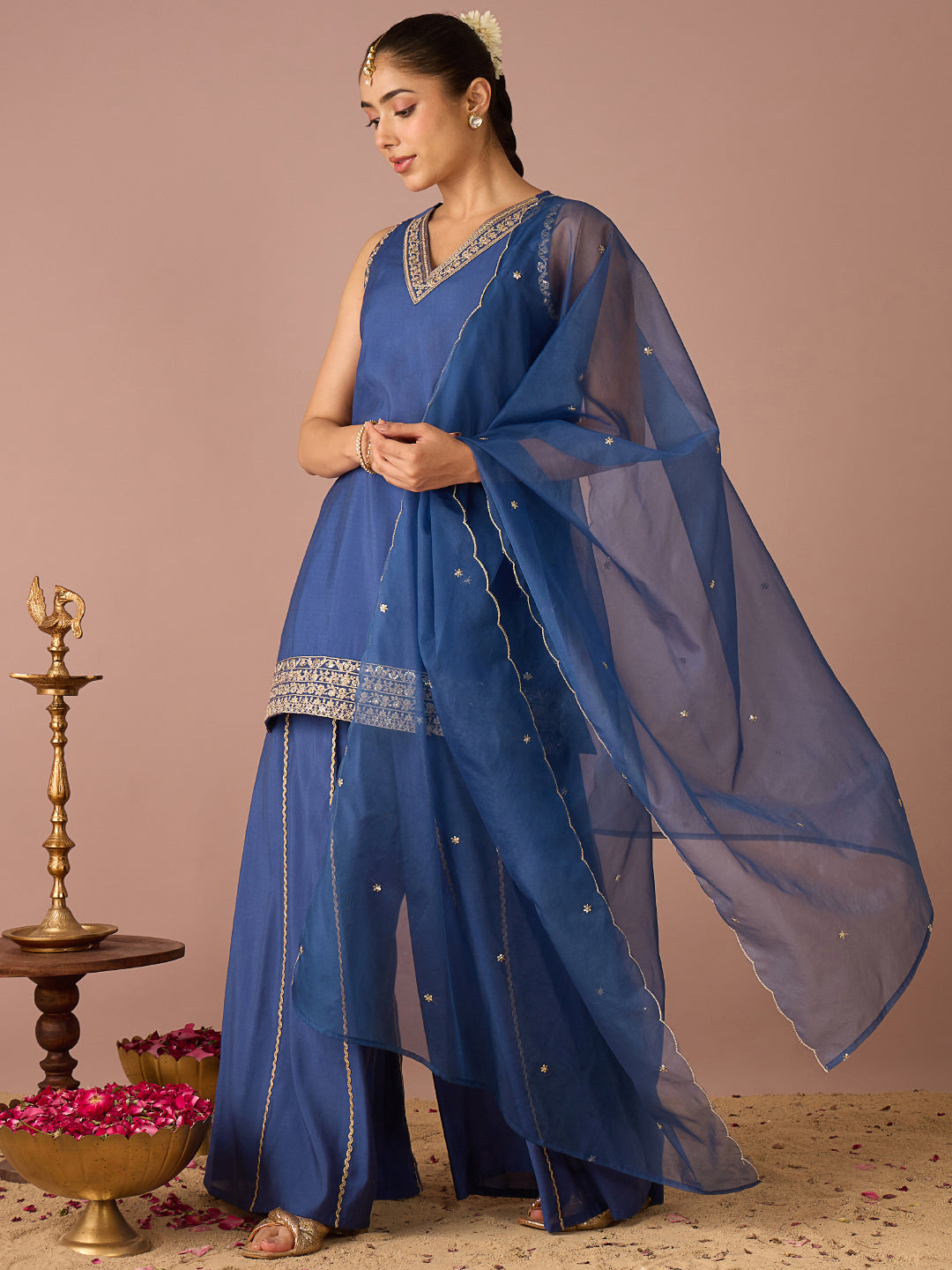 Janasya Women's Navy Blue Chanderi Silk Floral Sequins And Zari Embroidered Straight Kurta with Sharara And Dupatta Set