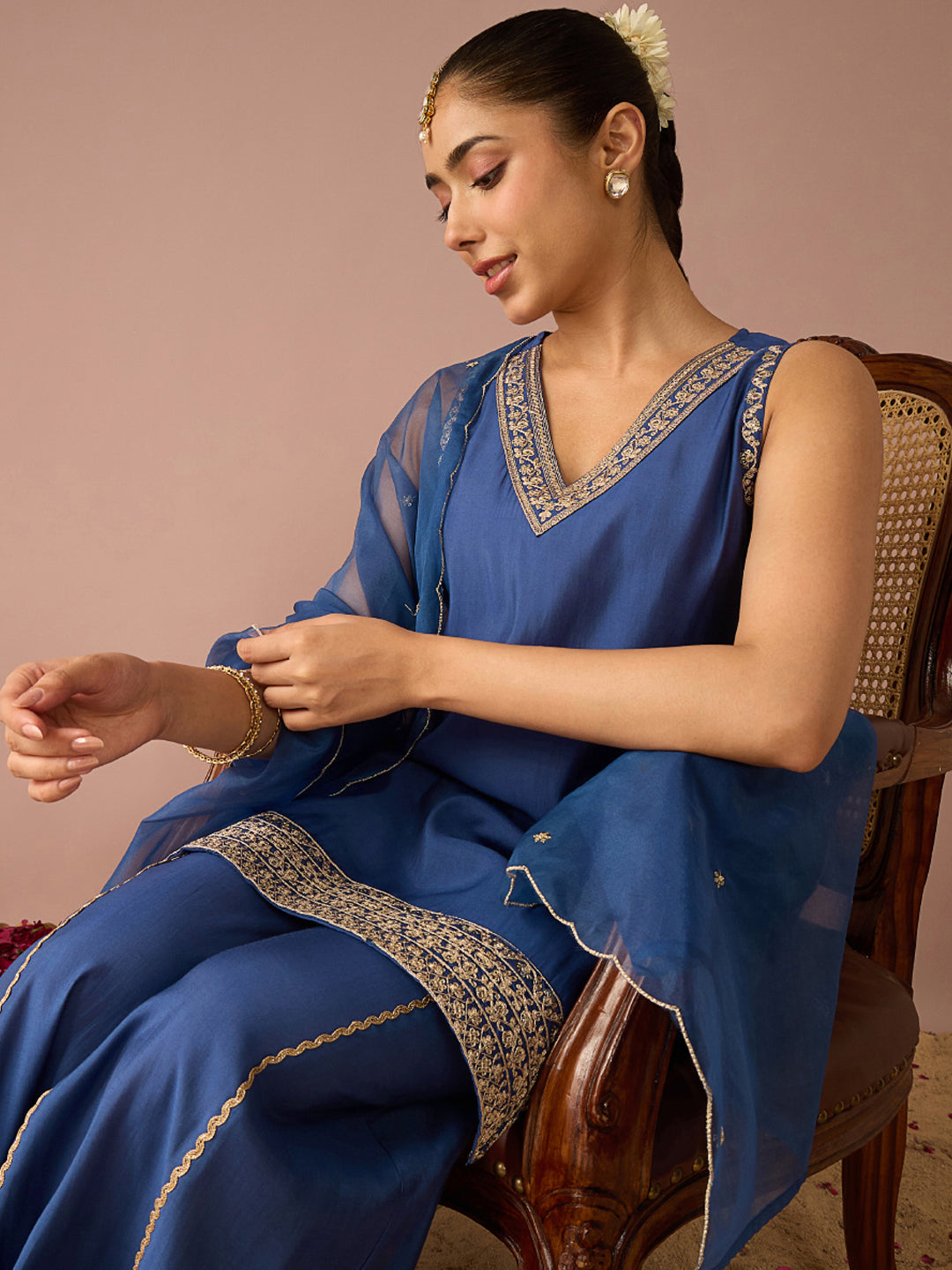 Janasya Women's Navy Blue Chanderi Silk Floral Sequins And Zari Embroidered Straight Kurta with Sharara And Dupatta Set