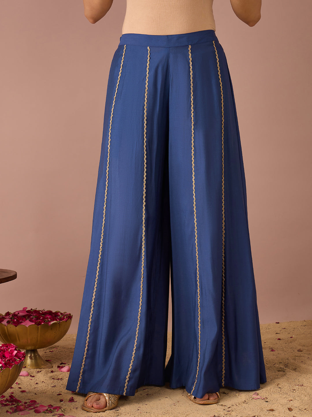 Janasya Women's Navy Blue Chanderi Silk Floral Sequins And Zari Embroidered Straight Kurta with Sharara And Dupatta Set
