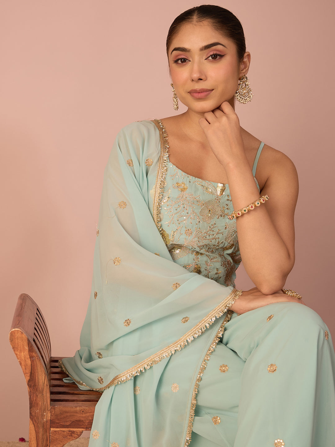 Janasya Women's Sea Green Georgette Floral Zari Embroidered & Sequinned Straight Kurta with Palazzo And Dupatta Set