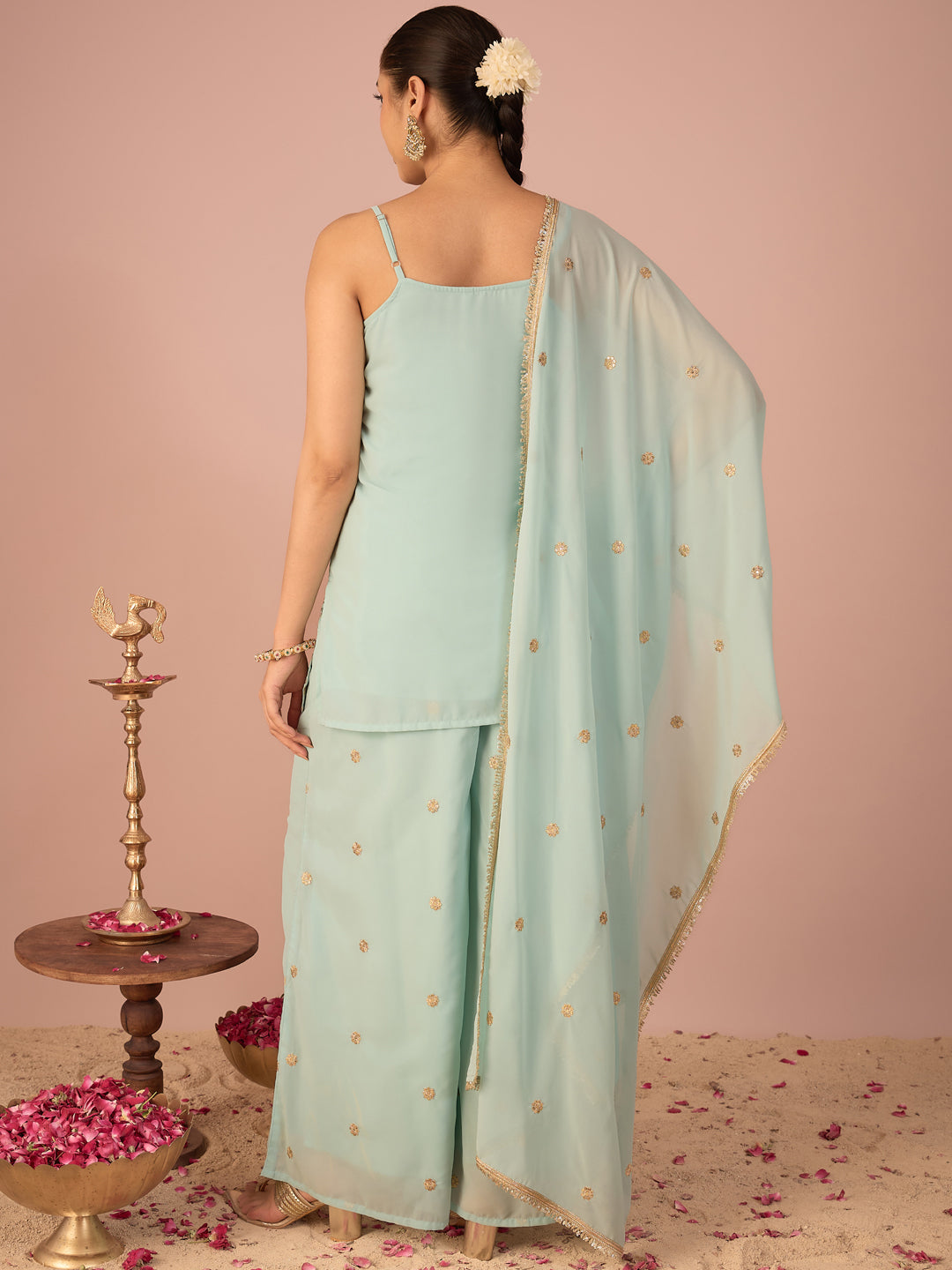 Janasya Women's Sea Green Georgette Floral Zari Embroidered & Sequinned Straight Kurta with Palazzo And Dupatta Set