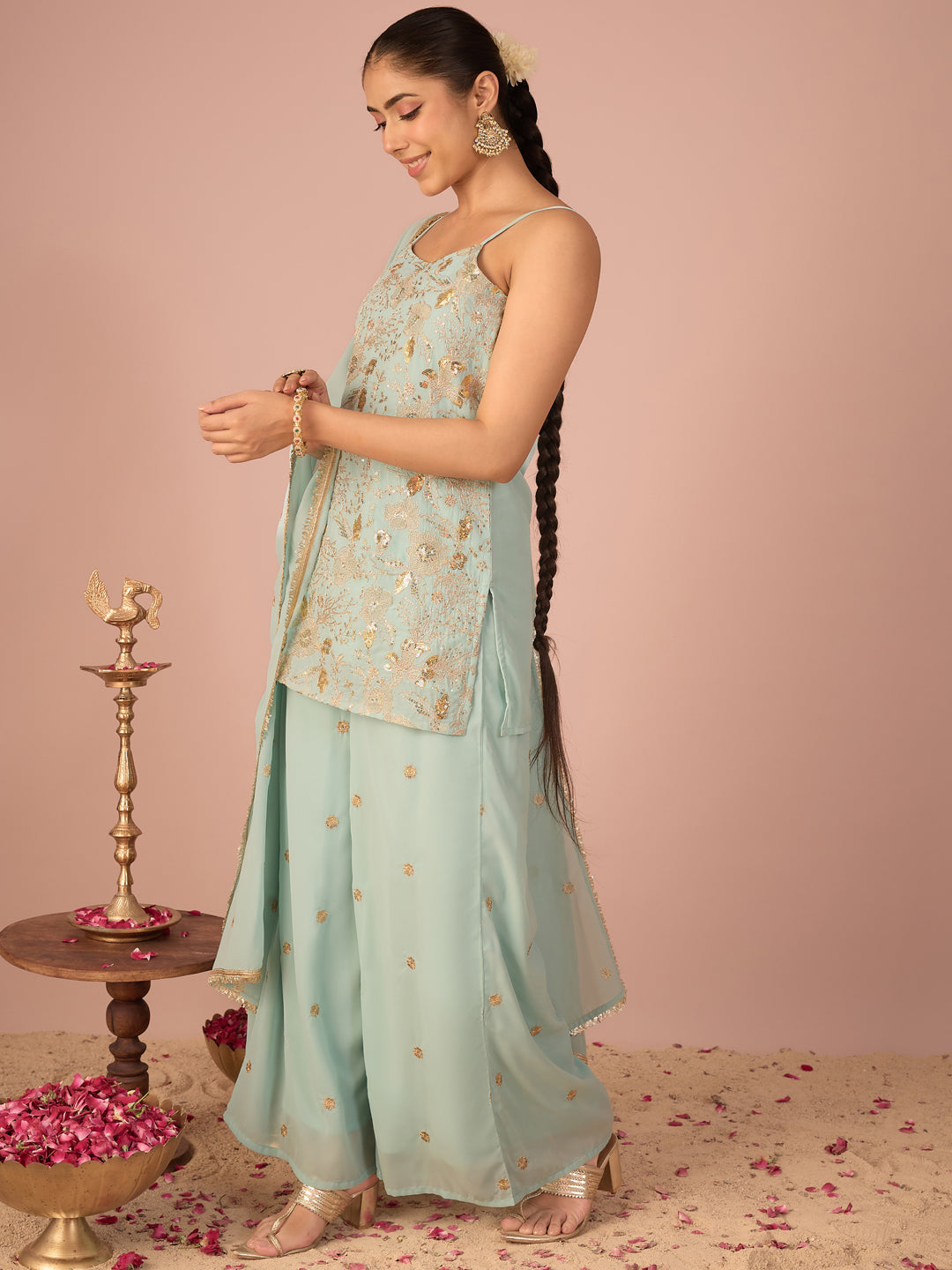 Janasya Women's Sea Green Georgette Floral Zari Embroidered & Sequinned Straight Kurta with Palazzo And Dupatta Set