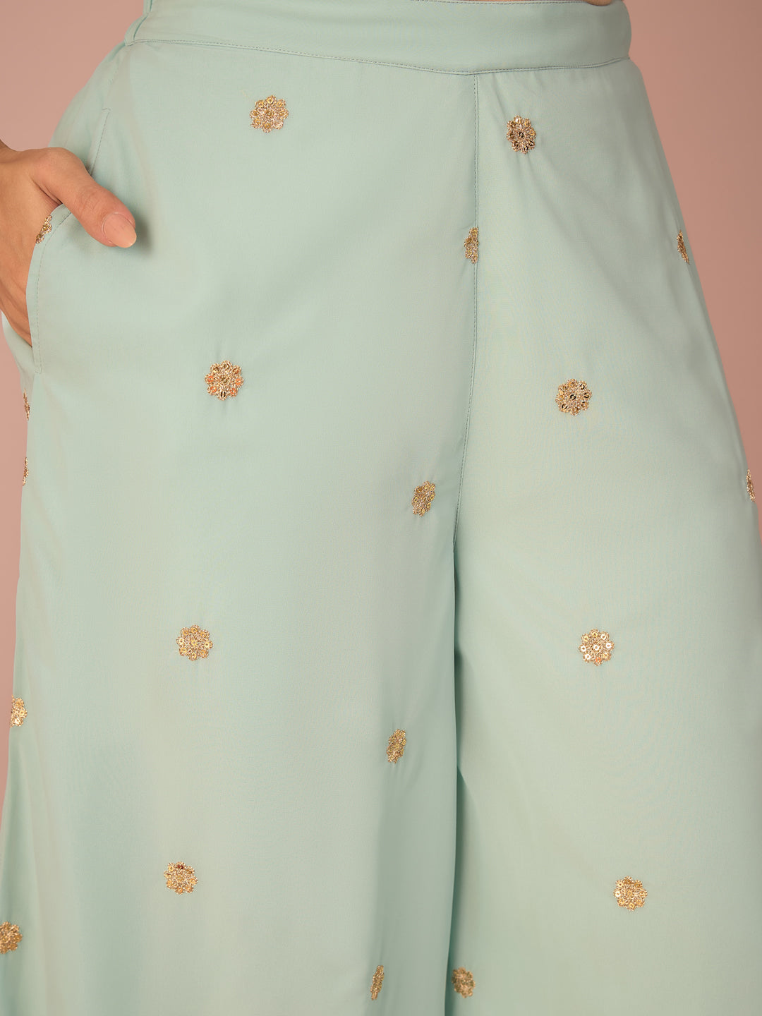 Janasya Women's Sea Green Georgette Floral Zari Embroidered & Sequinned Straight Kurta with Palazzo And Dupatta Set
