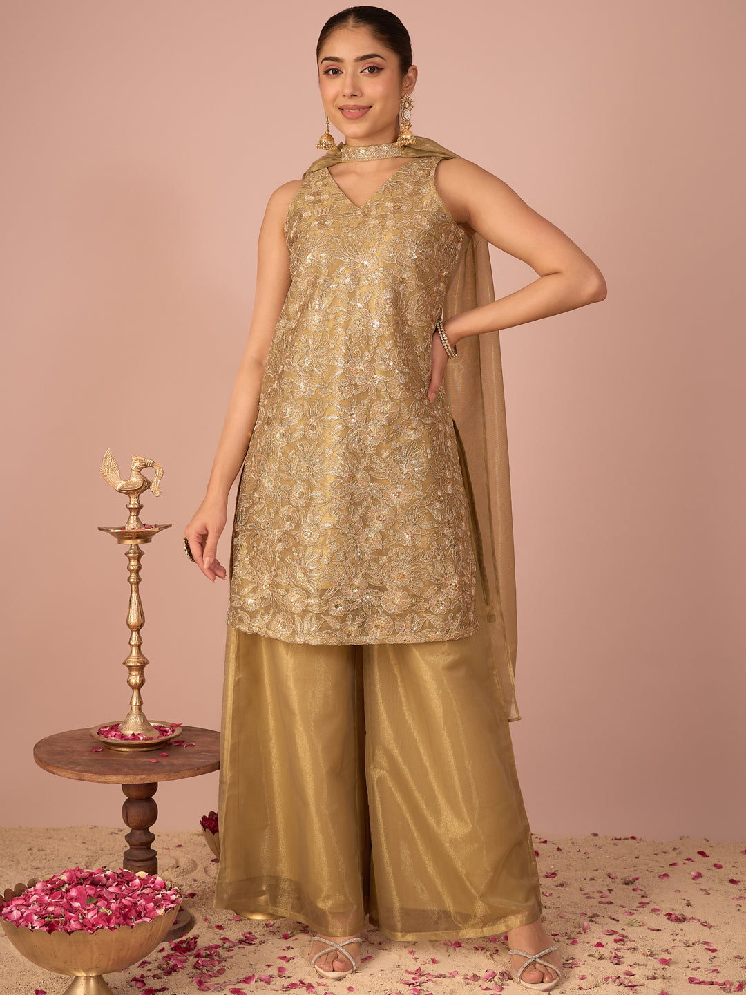 Janasya Women's Olive Green Shimmer Net Zari Embroidered & Sequinned Straight Kurta with Palazzo & Choker Dupatta Set
