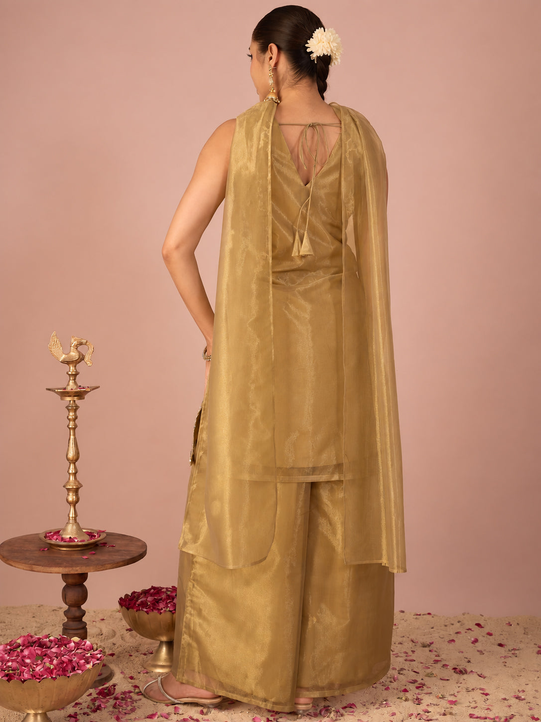 Janasya Women's Olive Green Shimmer Net Zari Embroidered & Sequinned Straight Kurta with Palazzo & Choker Dupatta Set