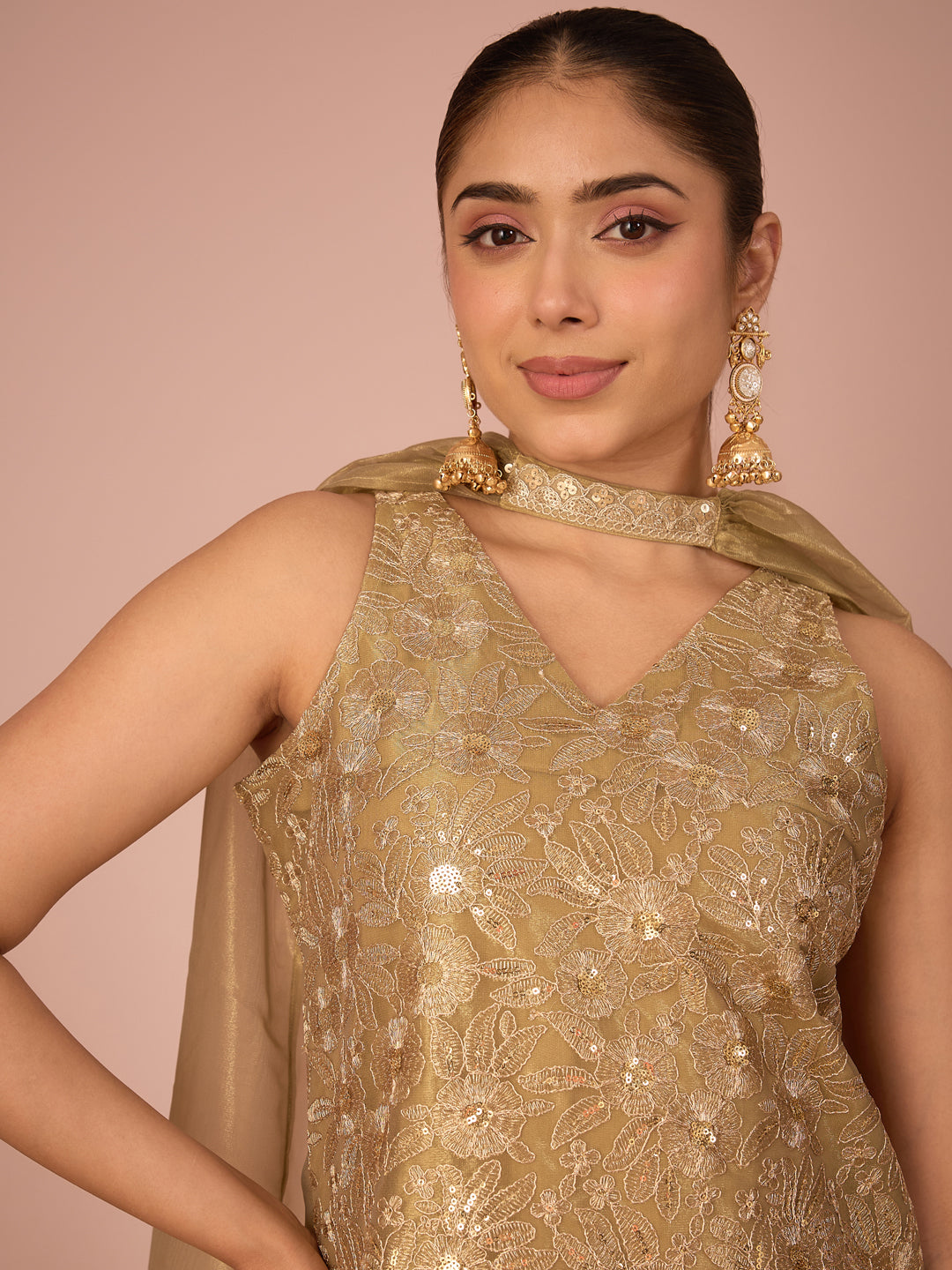 Janasya Women's Olive Green Shimmer Net Zari Embroidered & Sequinned Straight Kurta with Palazzo & Choker Dupatta Set