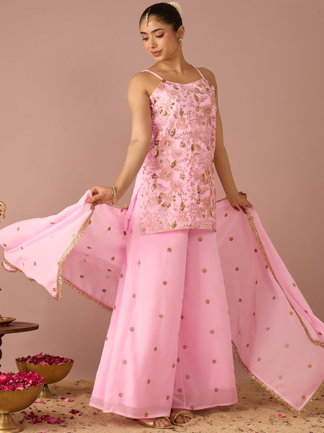 Janasya Women's Light Pink Georgette Floral Zari Embroidered & Sequinned Straight Kurta with Palazzo and Dupatta Set
