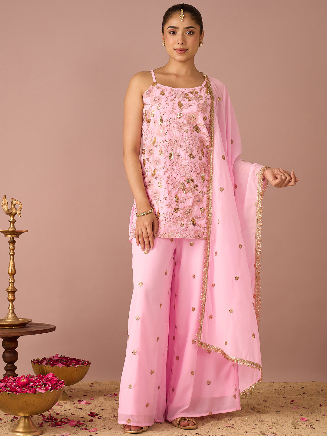 Janasya Women's Light Pink Georgette Floral Zari Embroidered & Sequinned Straight Kurta with Palazzo and Dupatta Set