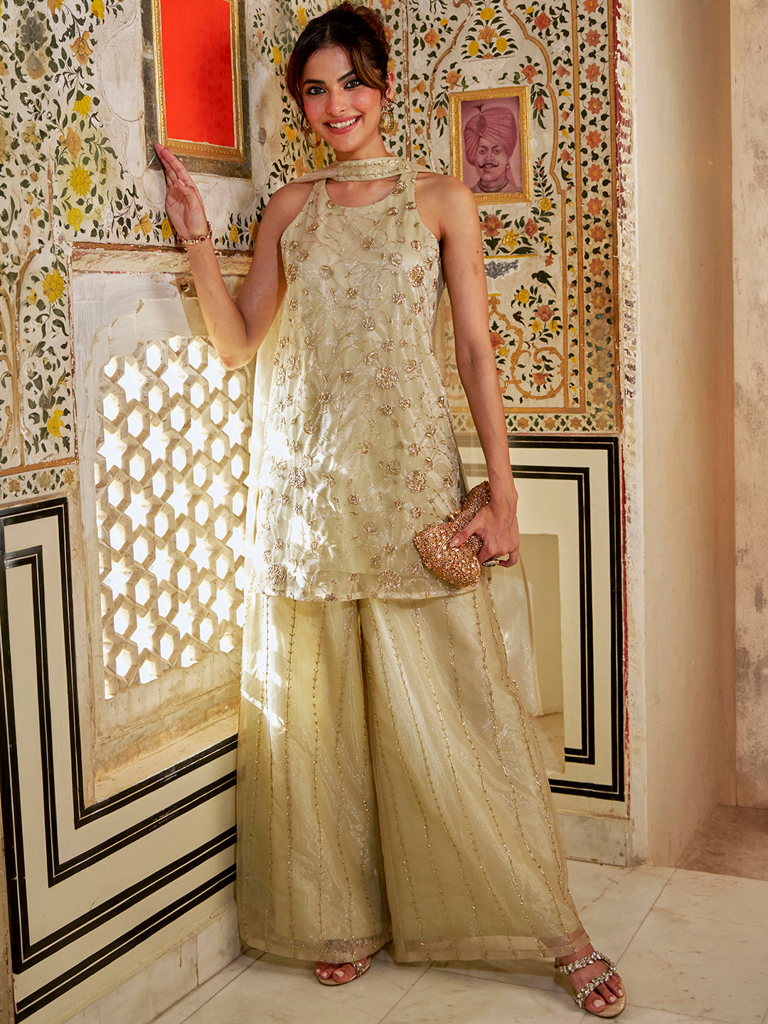 Janasya Women's Champagne Net Embellished Straight Kurta with Sharara and Dupatta Set